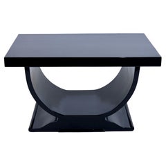 1930s French Art Deco Side Table in Black Piano Lacquer with U-shaped Base