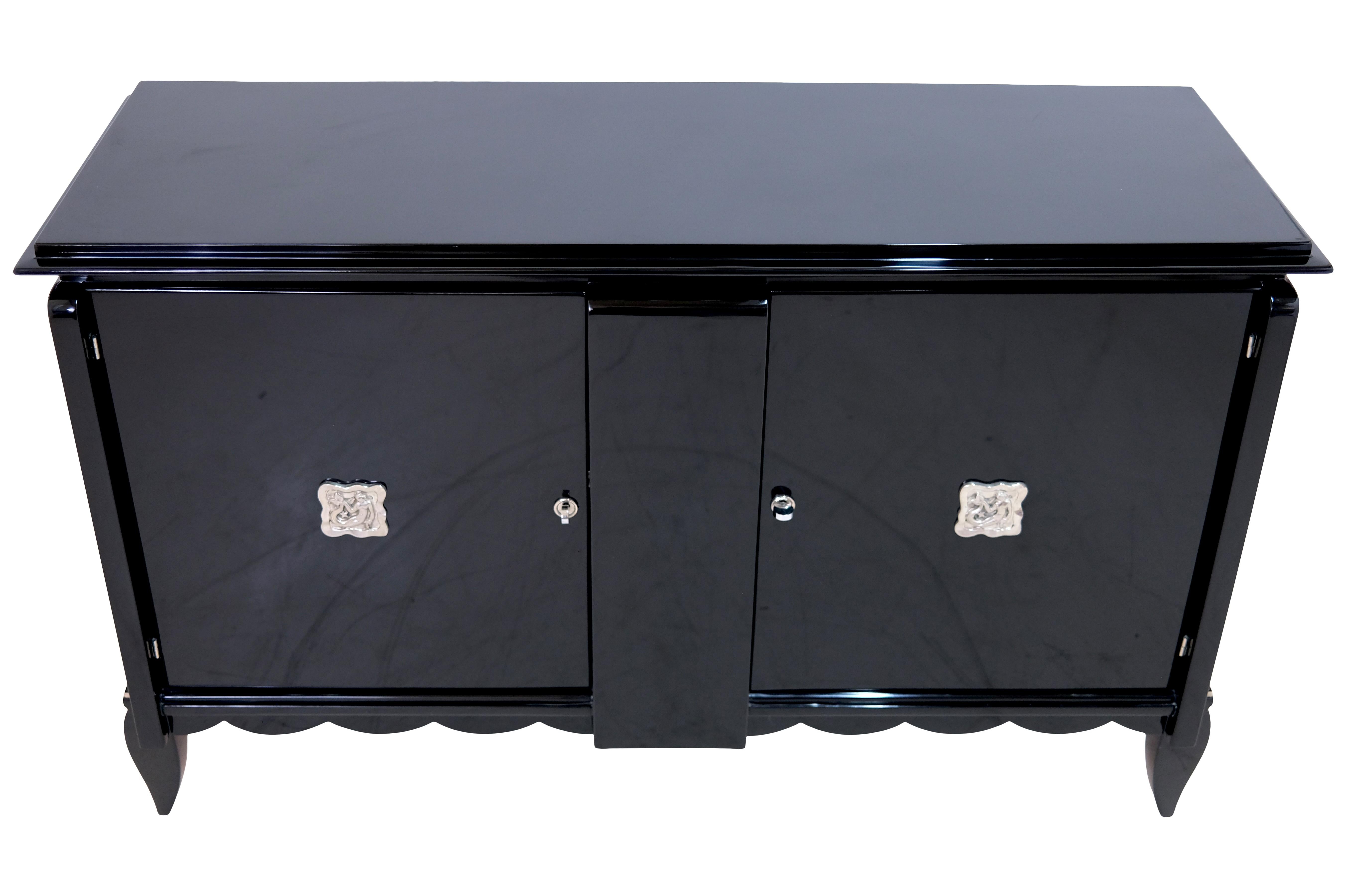 Blackened 1930s French Art Deco Sideboard in Black Piano Lacquer with Chromed Emblems For Sale