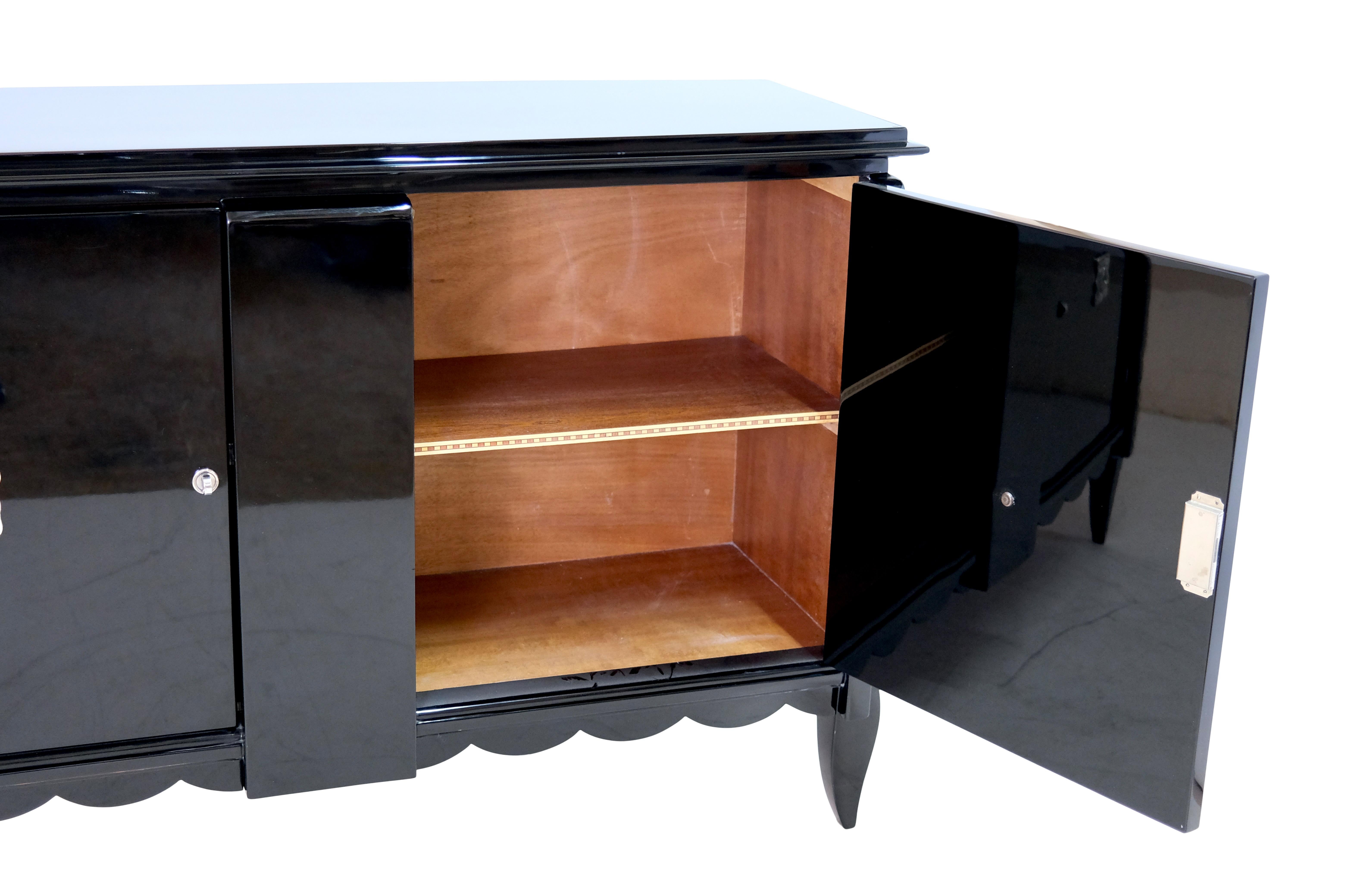 Mid-20th Century 1930s French Art Deco Sideboard in Black Piano Lacquer with Chromed Emblems For Sale
