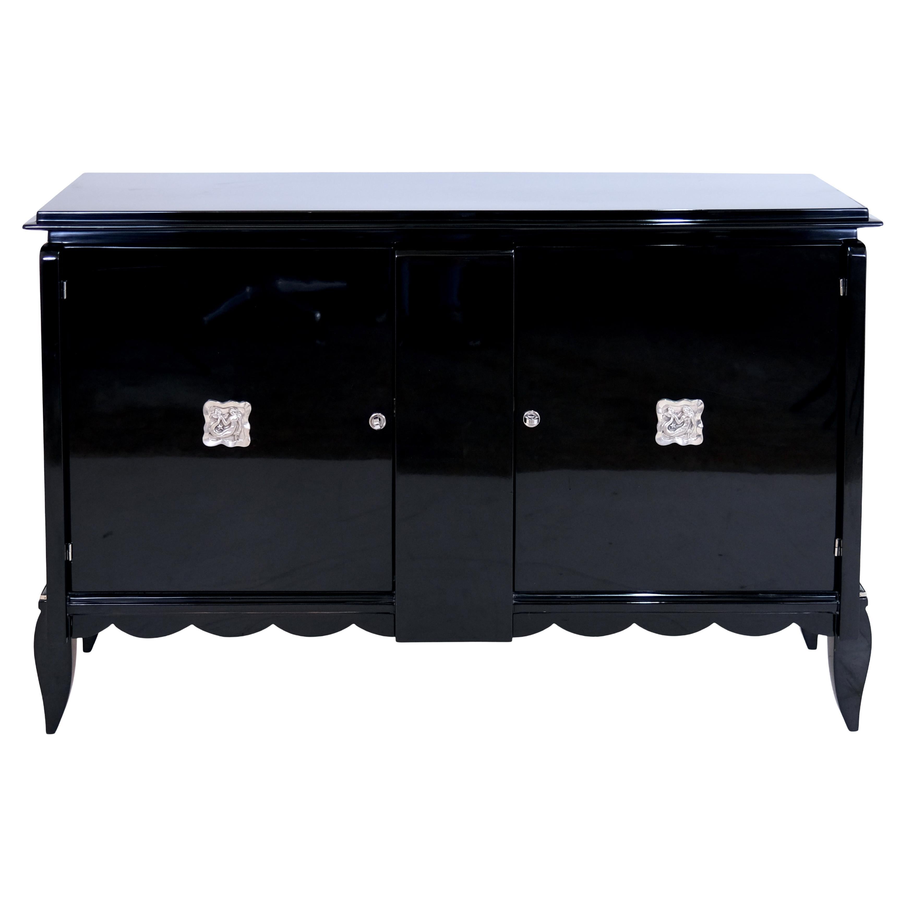 1930s French Art Deco Sideboard in Black Piano Lacquer with Chromed Emblems
