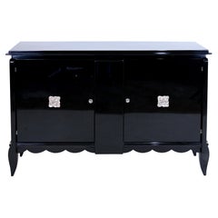 1930s French Art Deco Sideboard in Black Piano Lacquer with Chromed Emblems