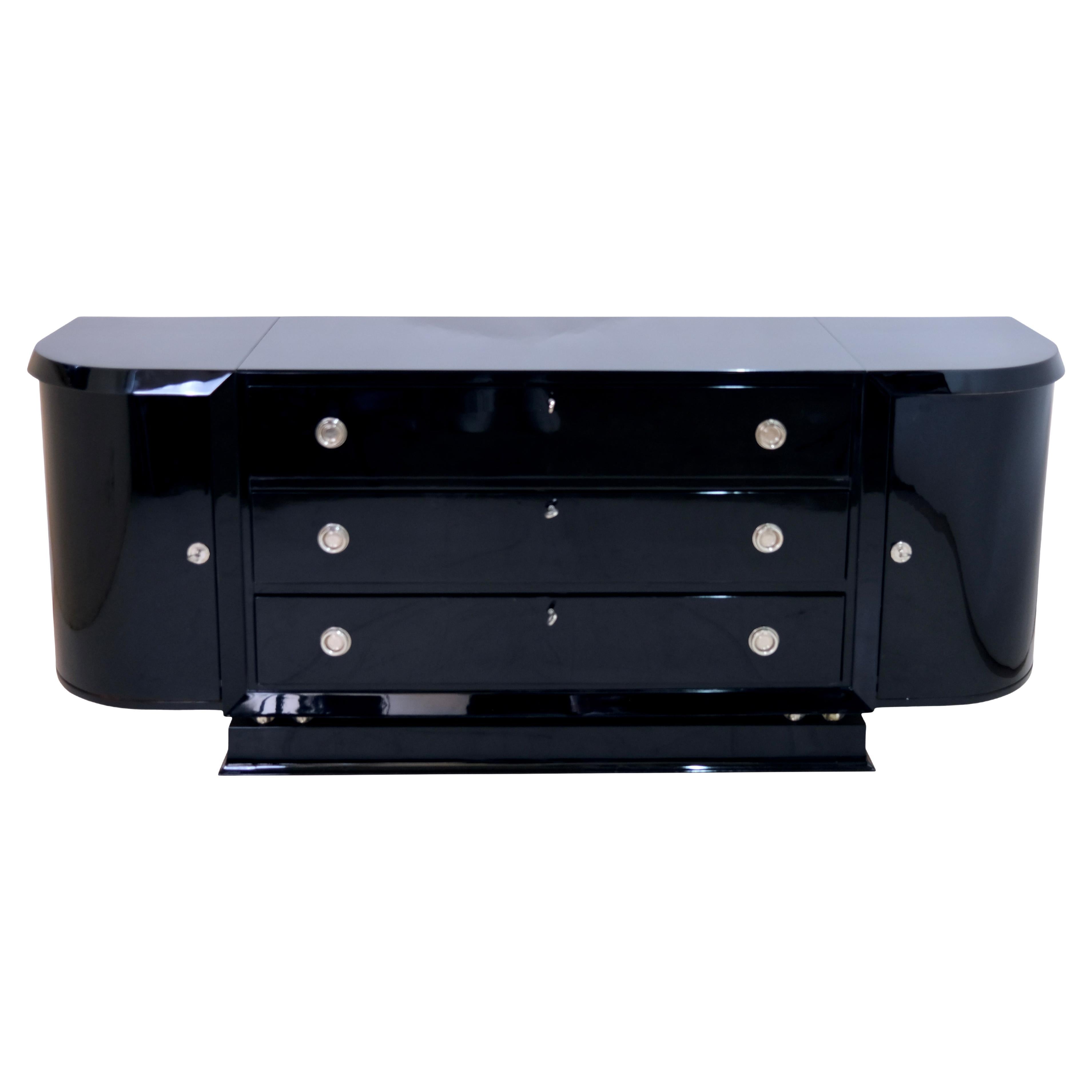 1930s French Art Deco Sideboard in Black Piano Lacquer with Drawers and