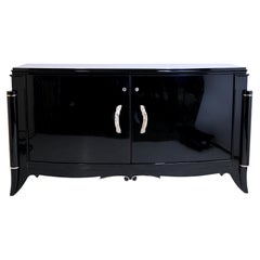 1930s French Art Deco Sideboard in Black Piano Lacquer with Figural Handles