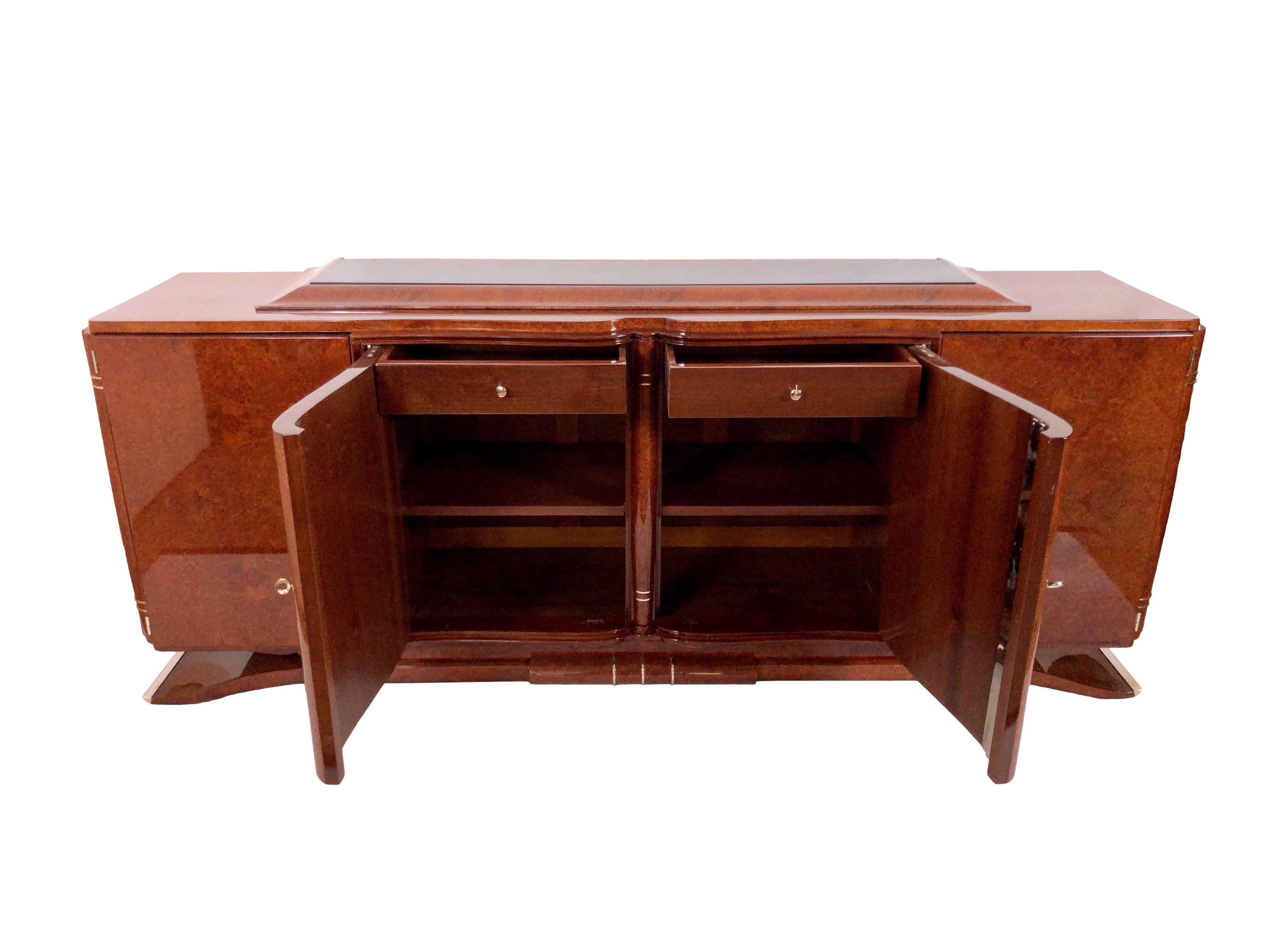 Lacquered 1930s French Art Deco Sideboard in Real Wood Veneer on a Moustache Foot For Sale