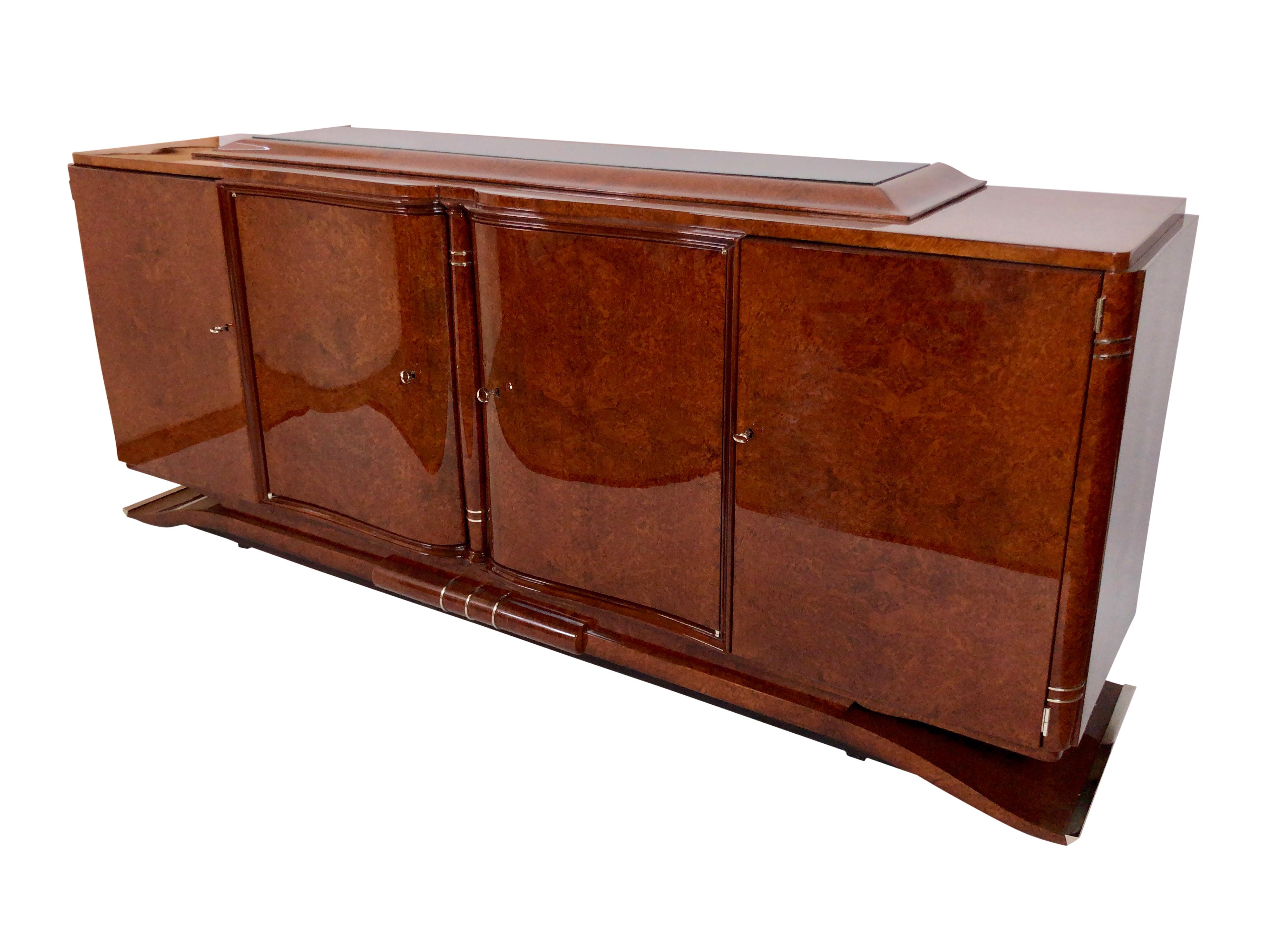 20th Century 1930s French Art Deco Sideboard in Real Wood Veneer on a Moustache Foot For Sale