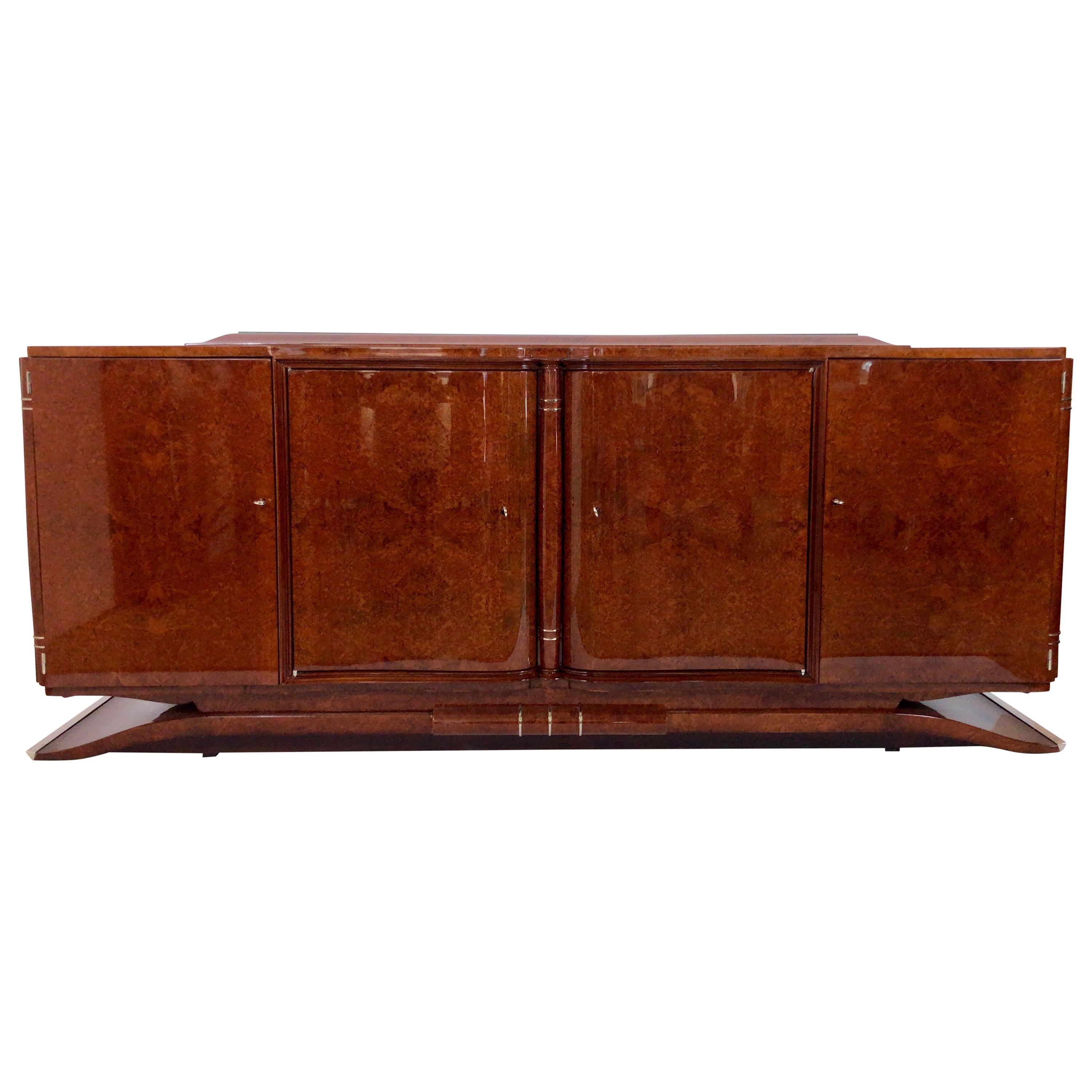 1930s French Art Deco Sideboard in Real Wood Veneer on a Moustache Foot For Sale