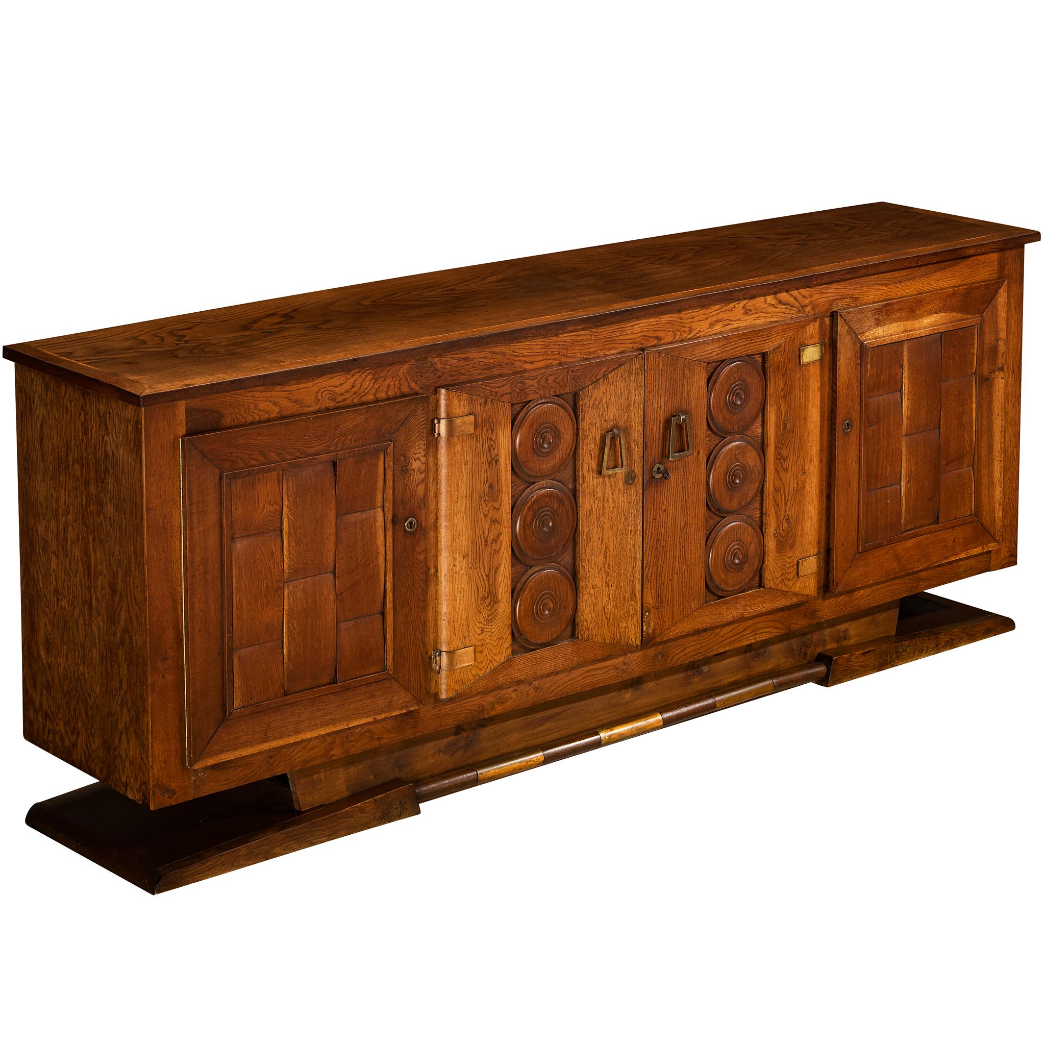 1930s French Art Deco Sideboard in Solid Oak and Brass