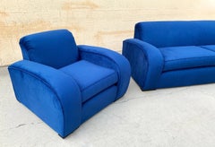 1930's French Art Deco Sofa and Chair Set, Refinished in Blue Velvet