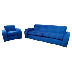 1930's French Art Deco Sofa and Chair Set, Refinished in Blue Velvet