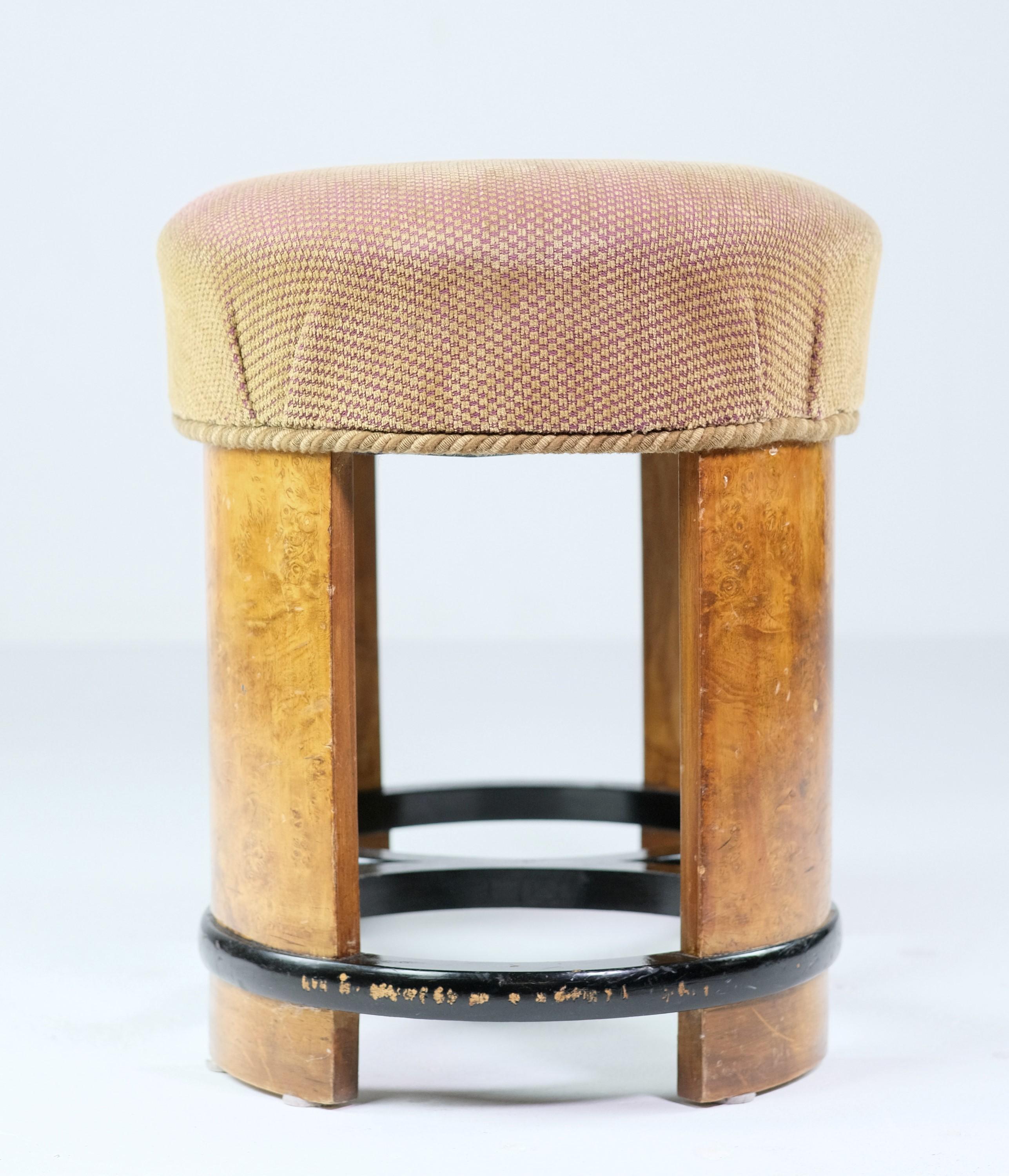 Mid-20th Century 1930s French Art Deco Stool w/ Pink & Tan Checkered Fabric Seat