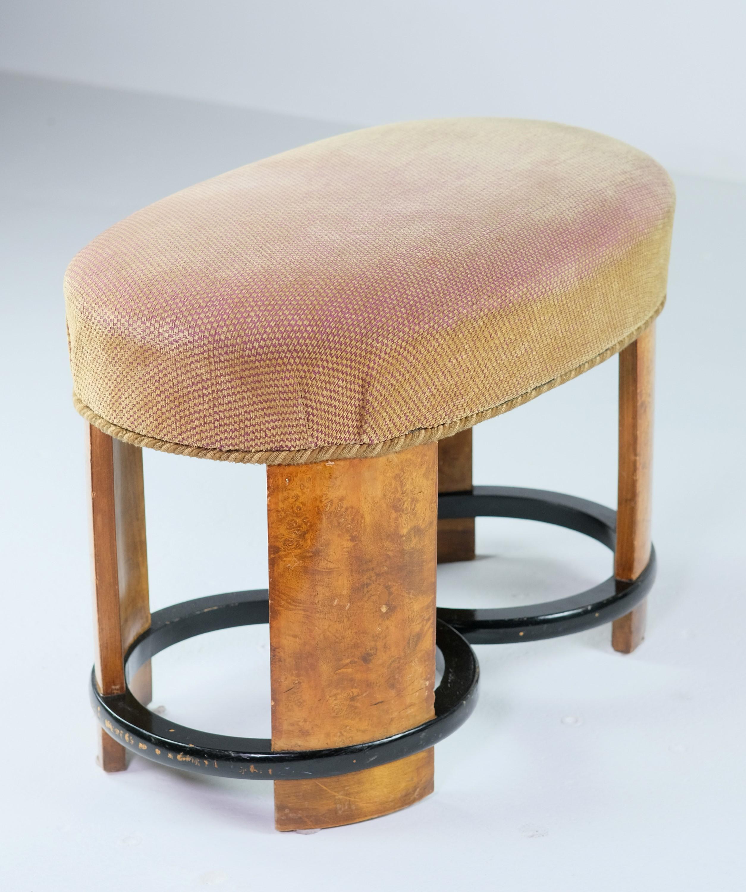 1930s French Art Deco Stool w/ Pink & Tan Checkered Fabric Seat 1