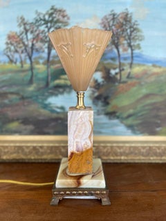 1930s French Art Deco Style Table Lamp with Molded Peach Glass Fan Shade