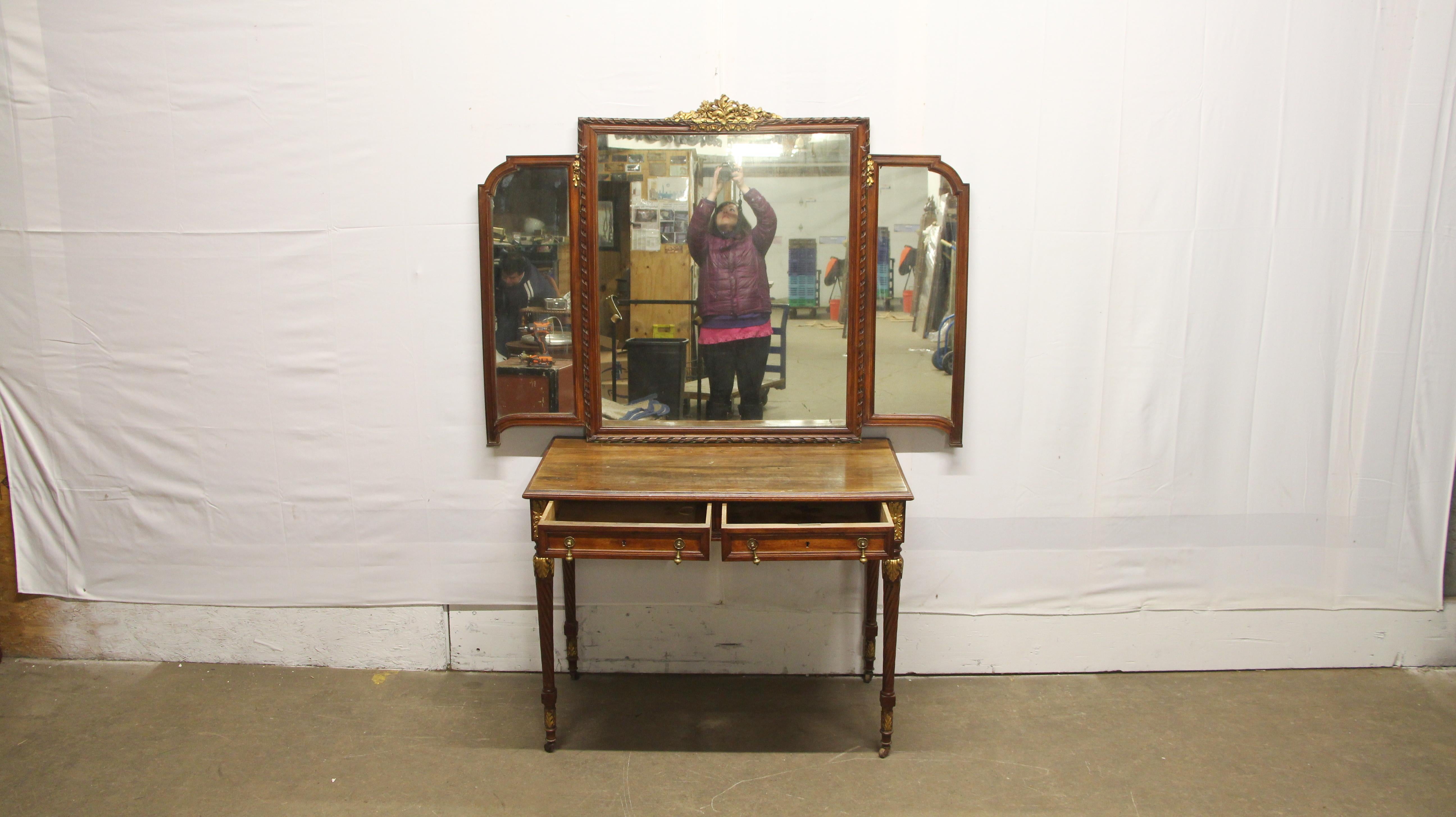 1930s French Art Deco Tri-fold Mirrored Vanity with 2 Drawers and Brass Pulls 3