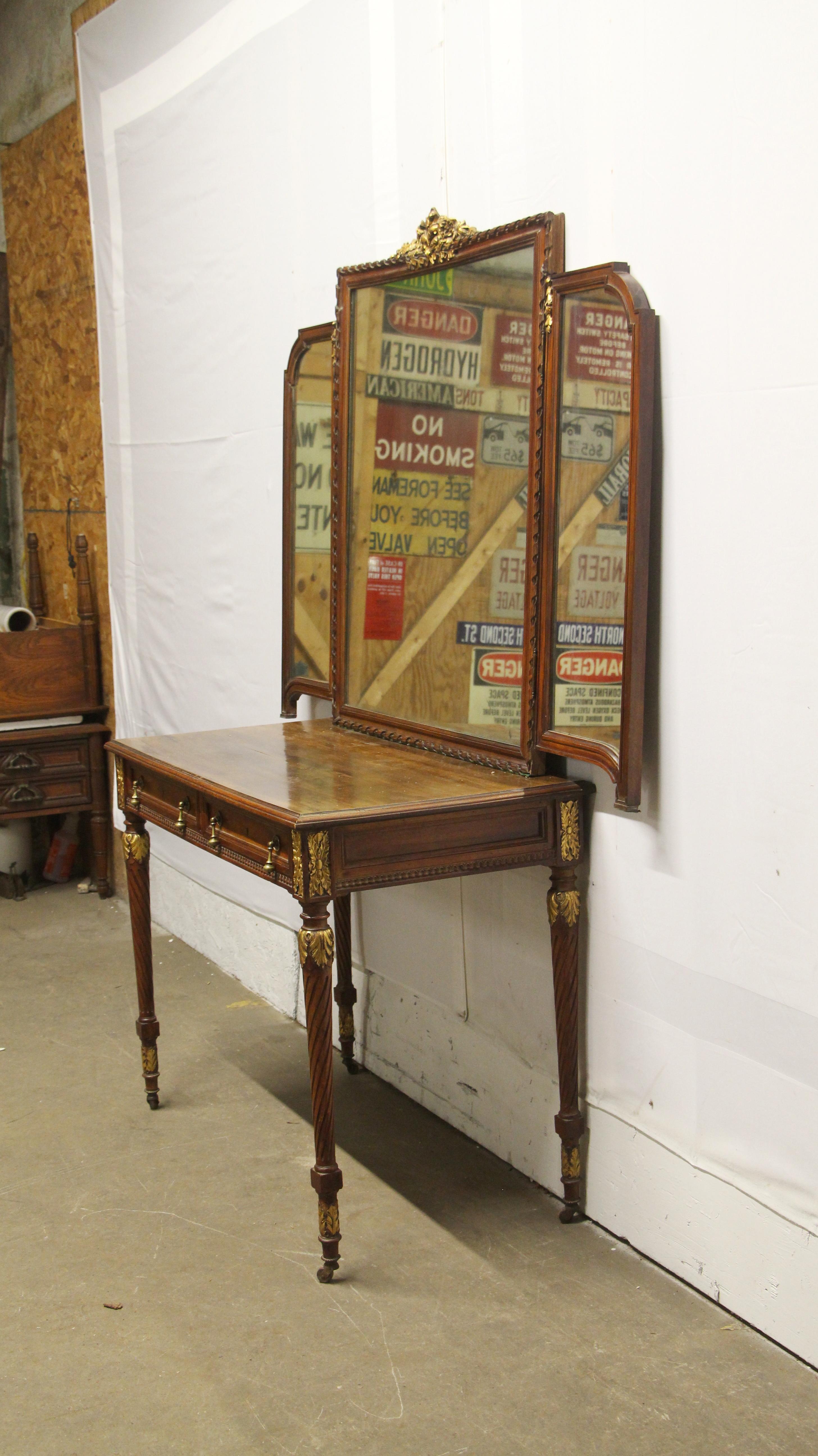 1930s French Art Deco Tri-fold Mirrored Vanity with 2 Drawers and Brass Pulls 5