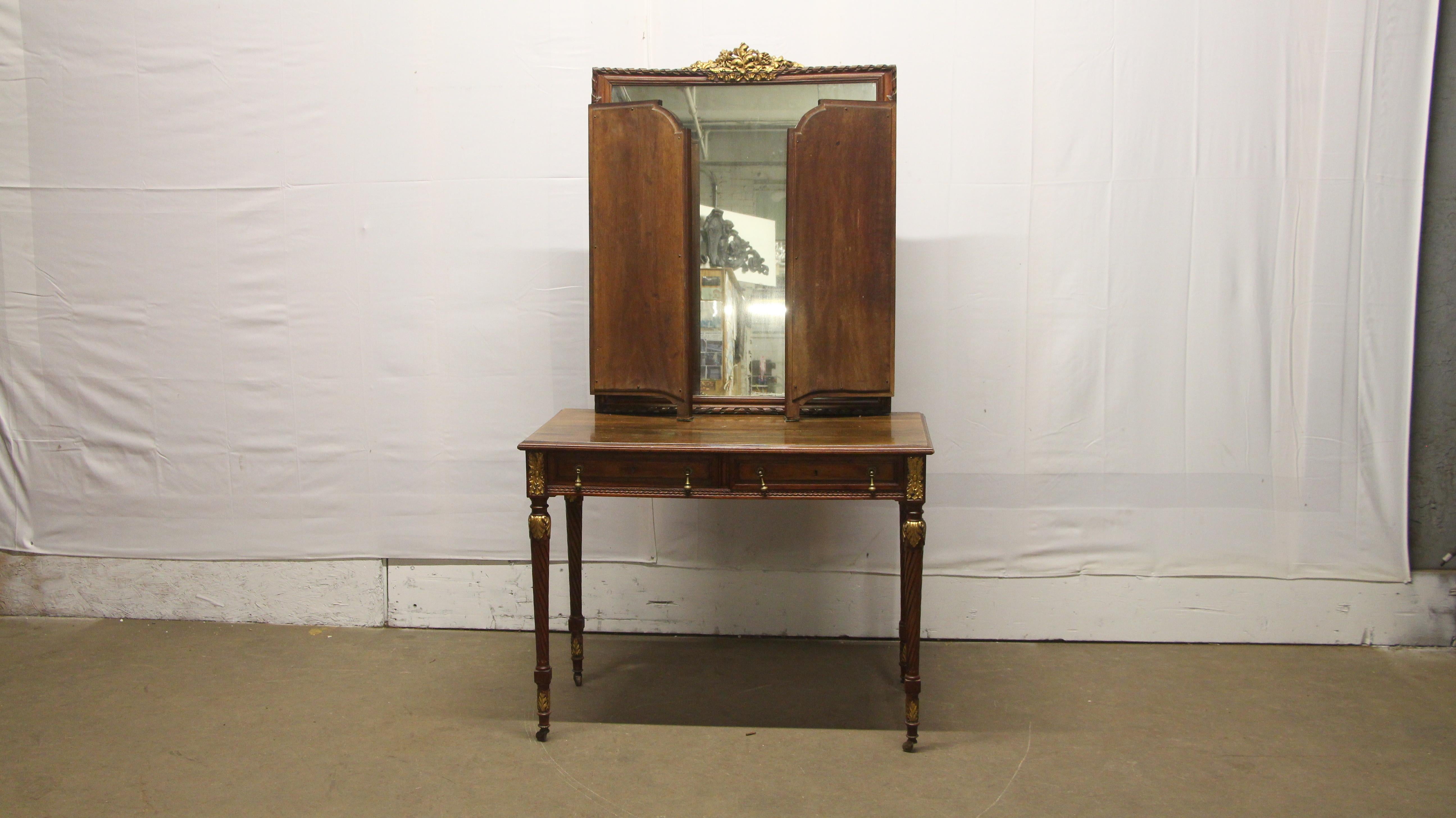 1930s French Art Deco Tri-fold Mirrored Vanity with 2 Drawers and Brass Pulls 7