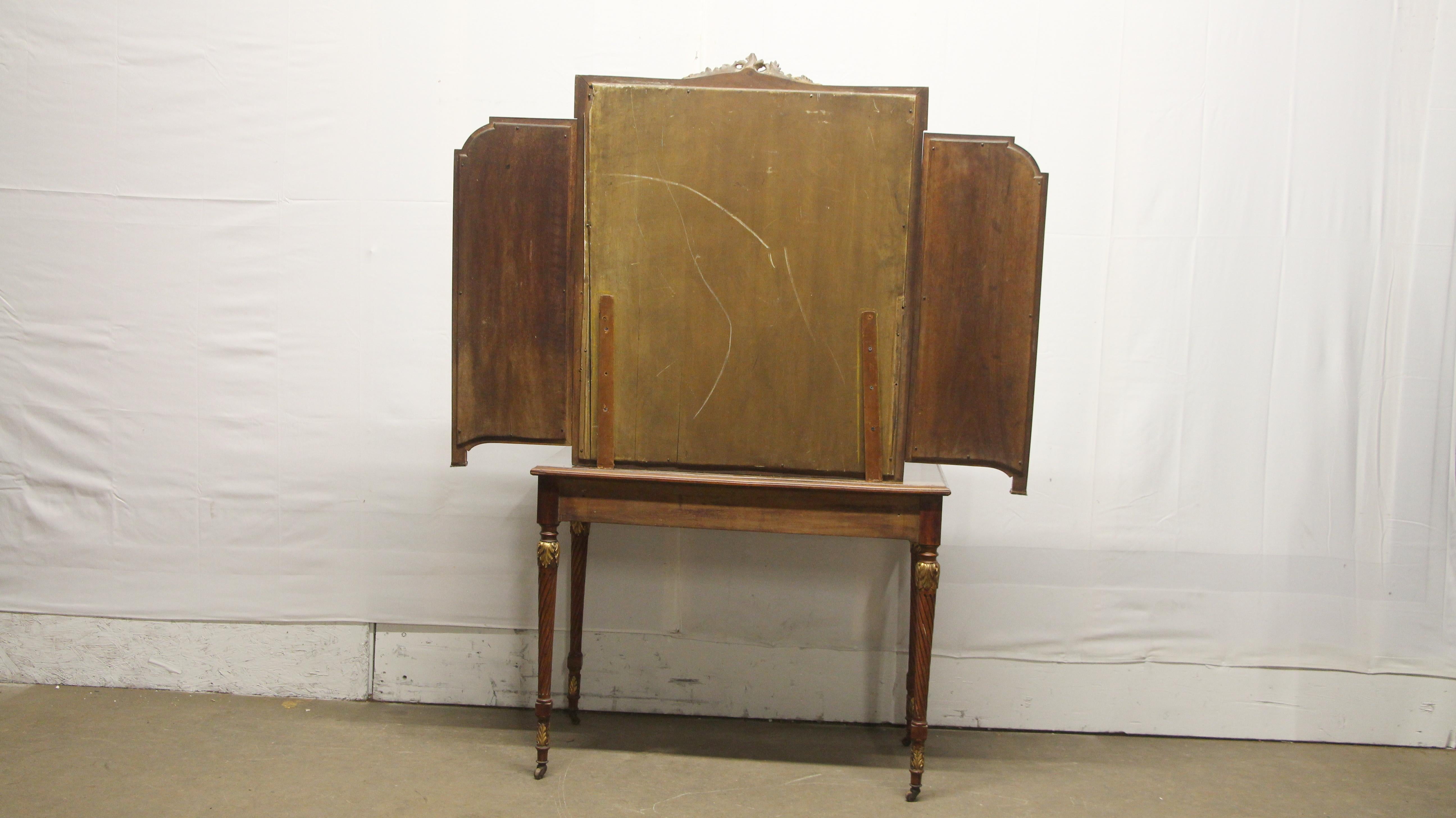 1930s French Art Deco Tri-fold Mirrored Vanity with 2 Drawers and Brass Pulls 8