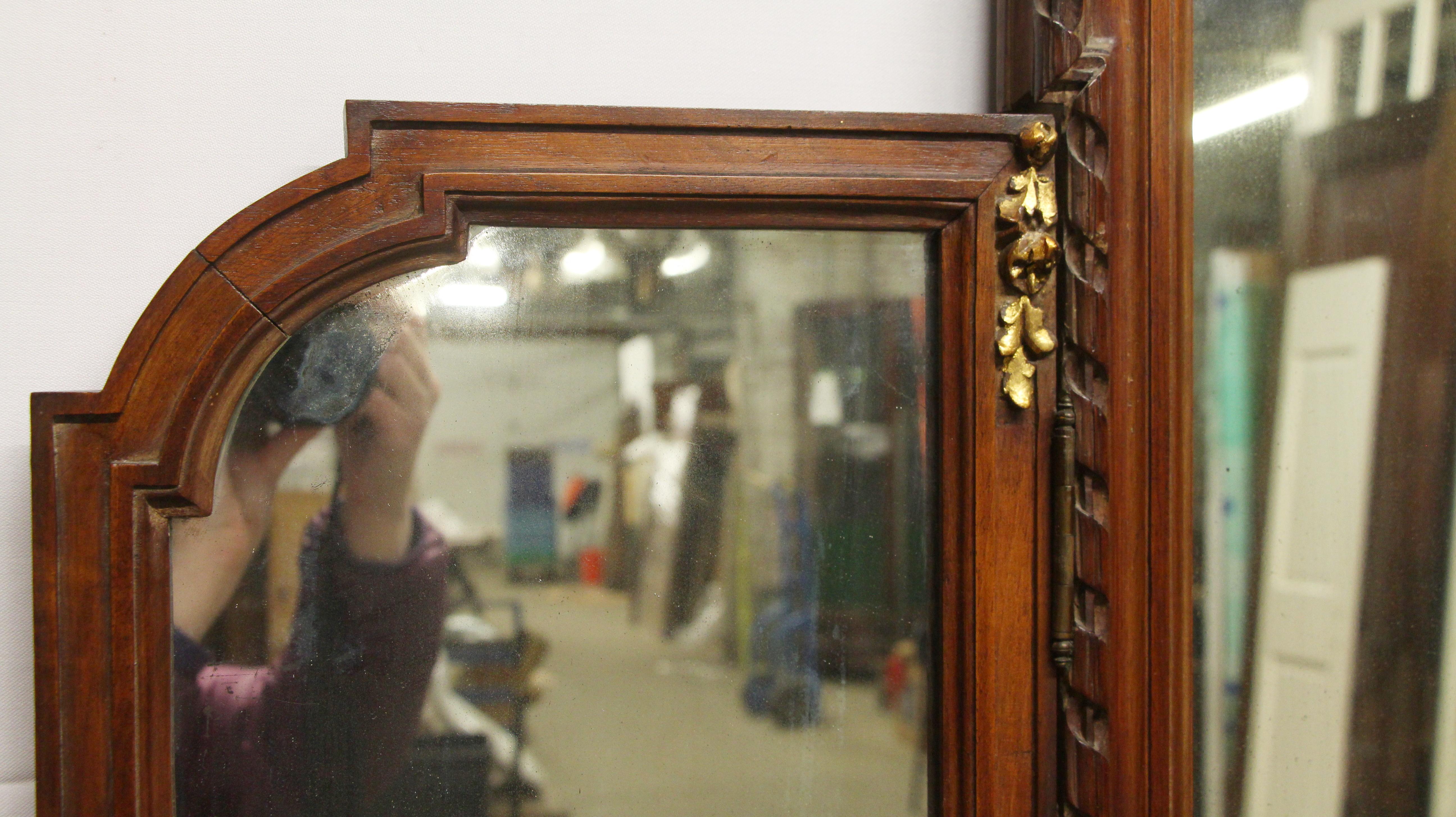 1930s French Art Deco Tri-fold Mirrored Vanity with 2 Drawers and Brass Pulls In Good Condition In New York, NY