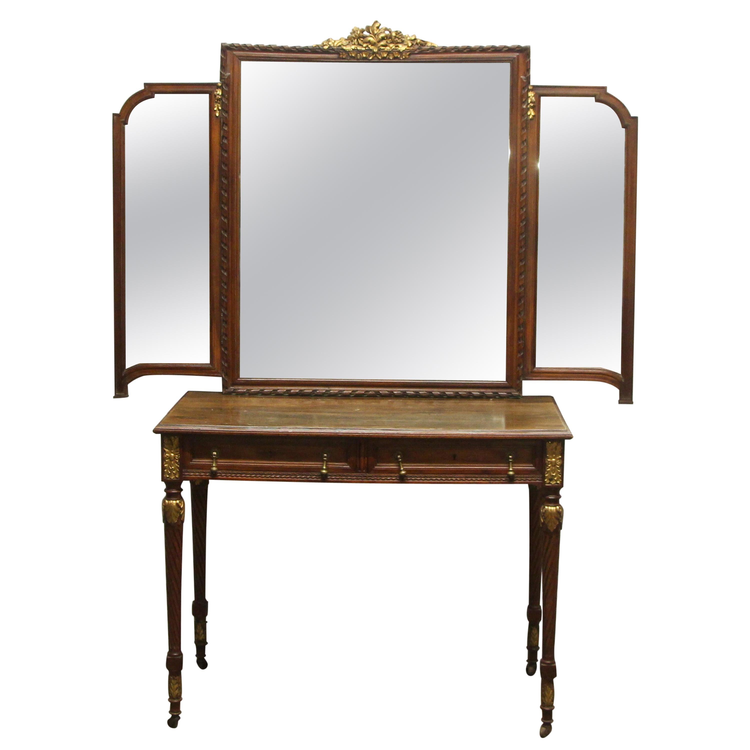 1930s French Art Deco Tri-fold Mirrored Vanity with 2 Drawers and Brass Pulls