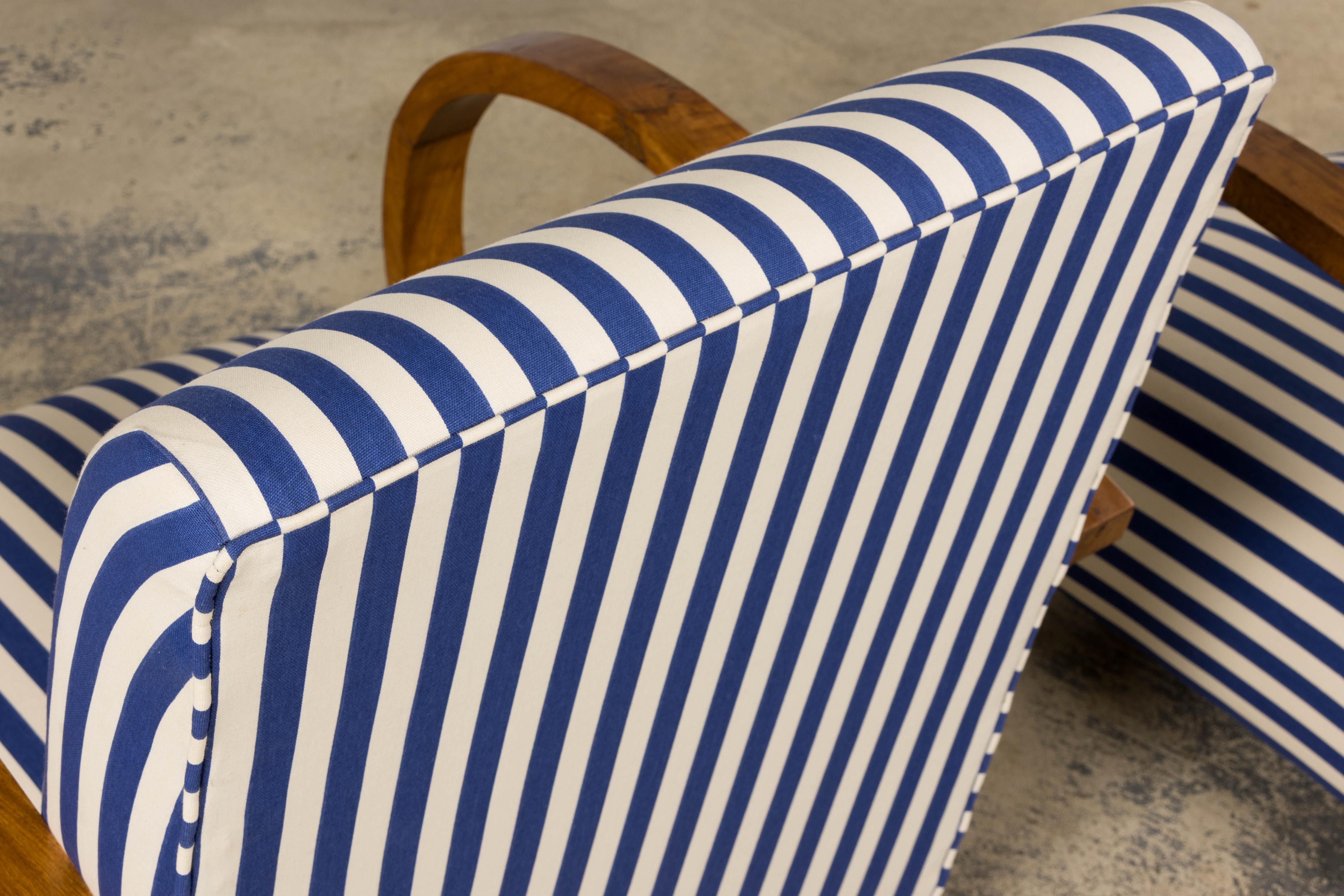 1930s French Art Deco Walnut Bridge Arm Lounge Chairs in Blue Stripe - A Pair For Sale 6