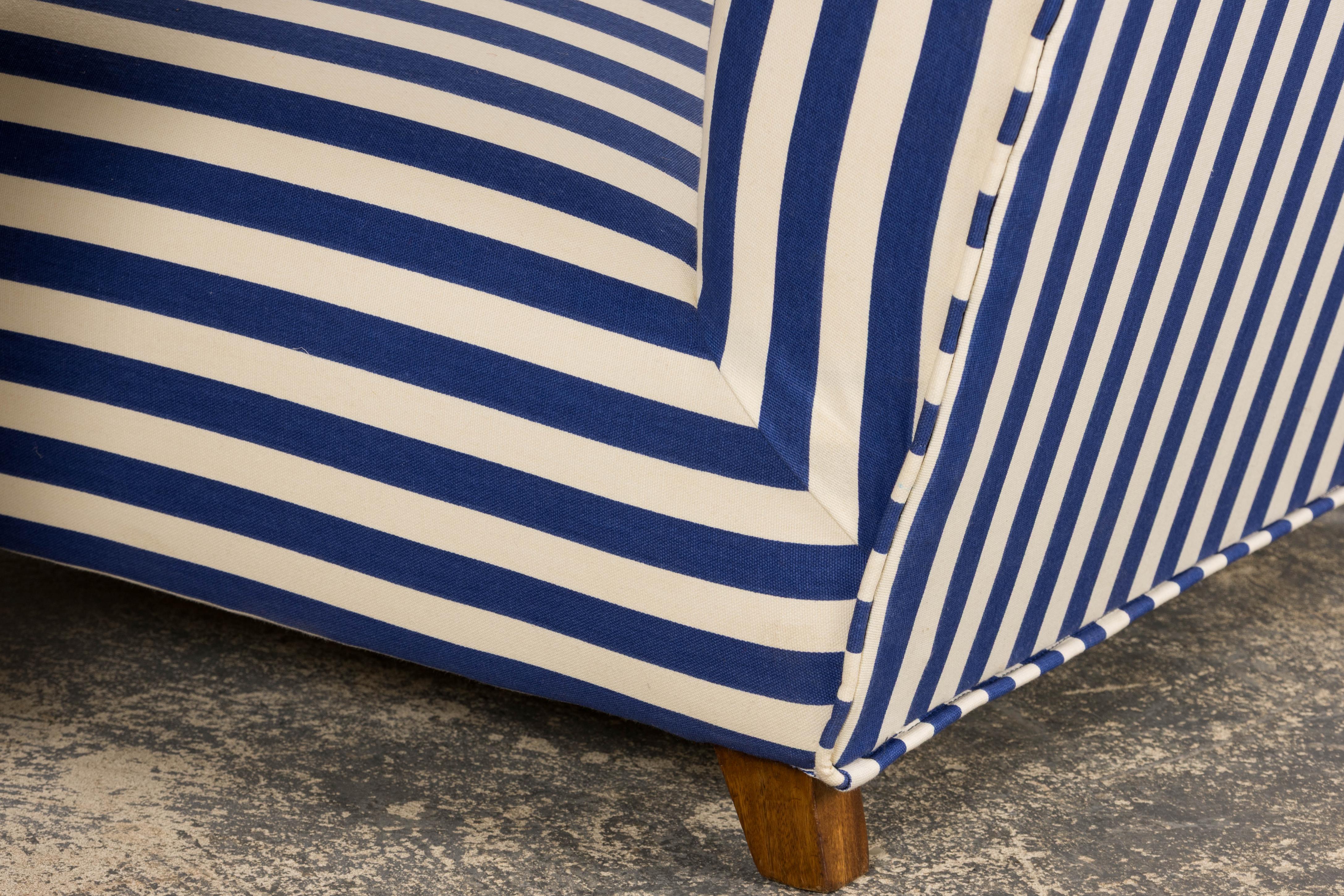 1930s French Art Deco Walnut Bridge Arm Lounge Chairs in Blue Stripe - A Pair For Sale 7