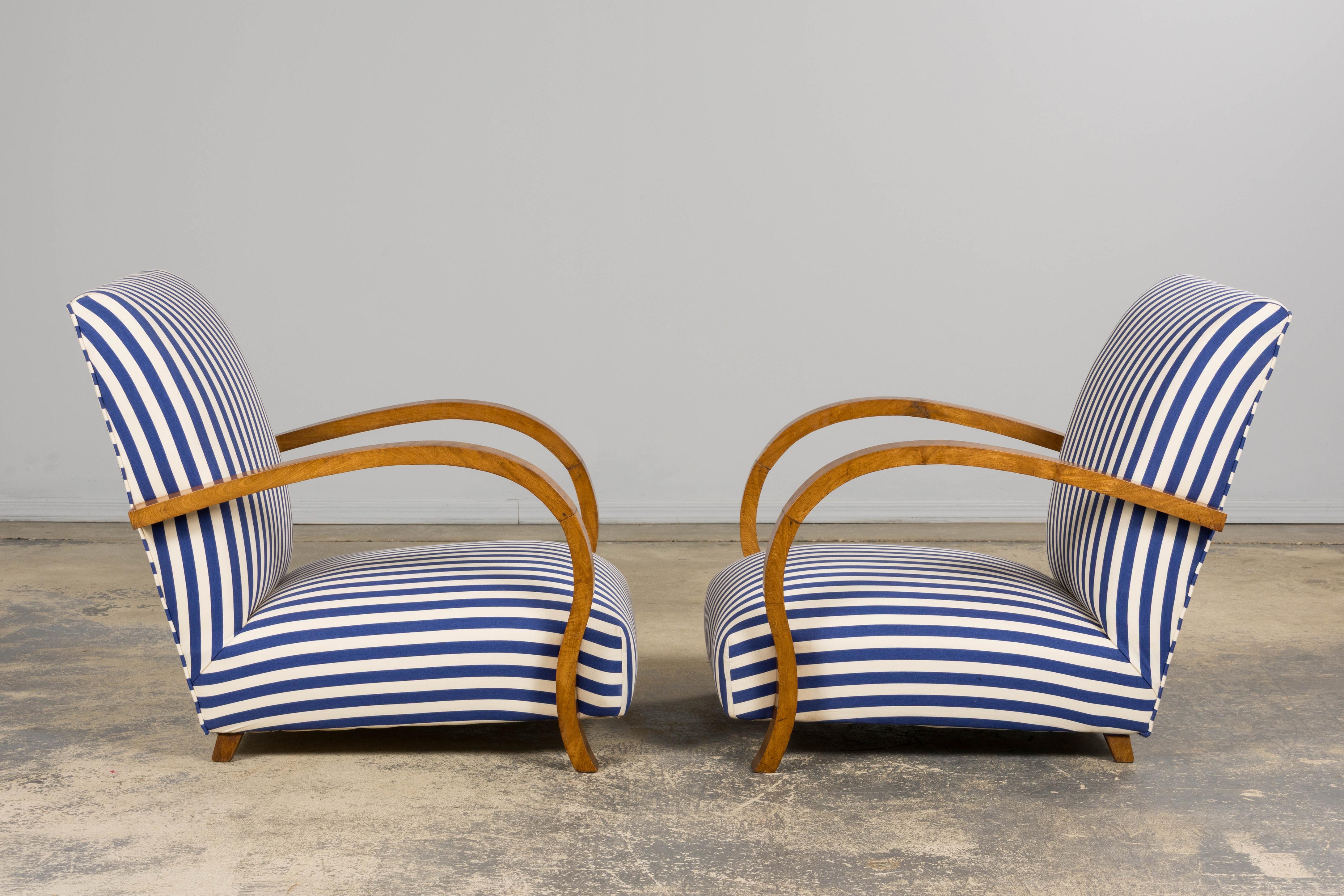 1930s French Art Deco Walnut Bridge Arm Lounge Chairs in Blue Stripe - A Pair For Sale 8