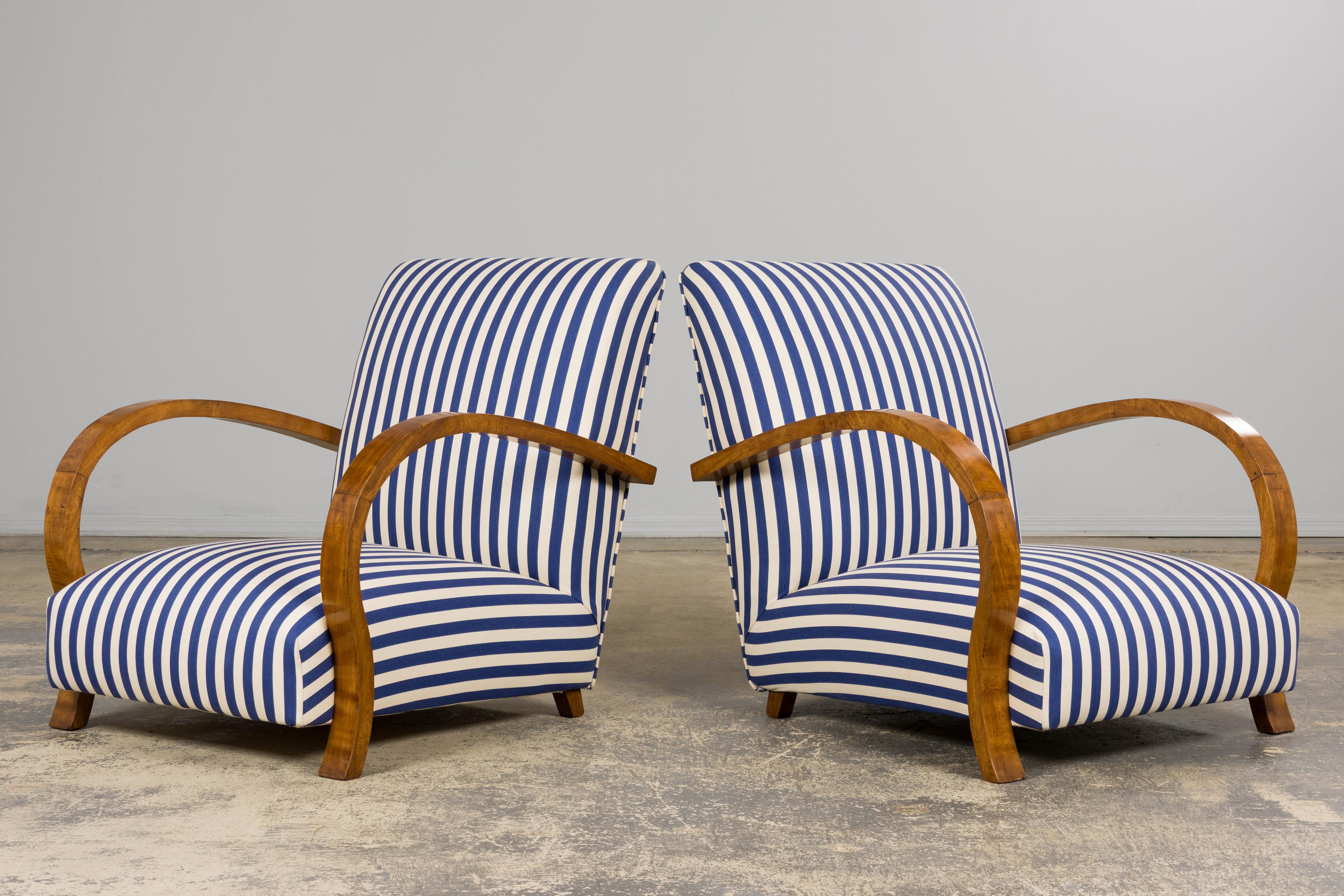 1930s French Art Deco Walnut Bridge Arm Lounge Chairs in Blue Stripe - A Pair For Sale 9