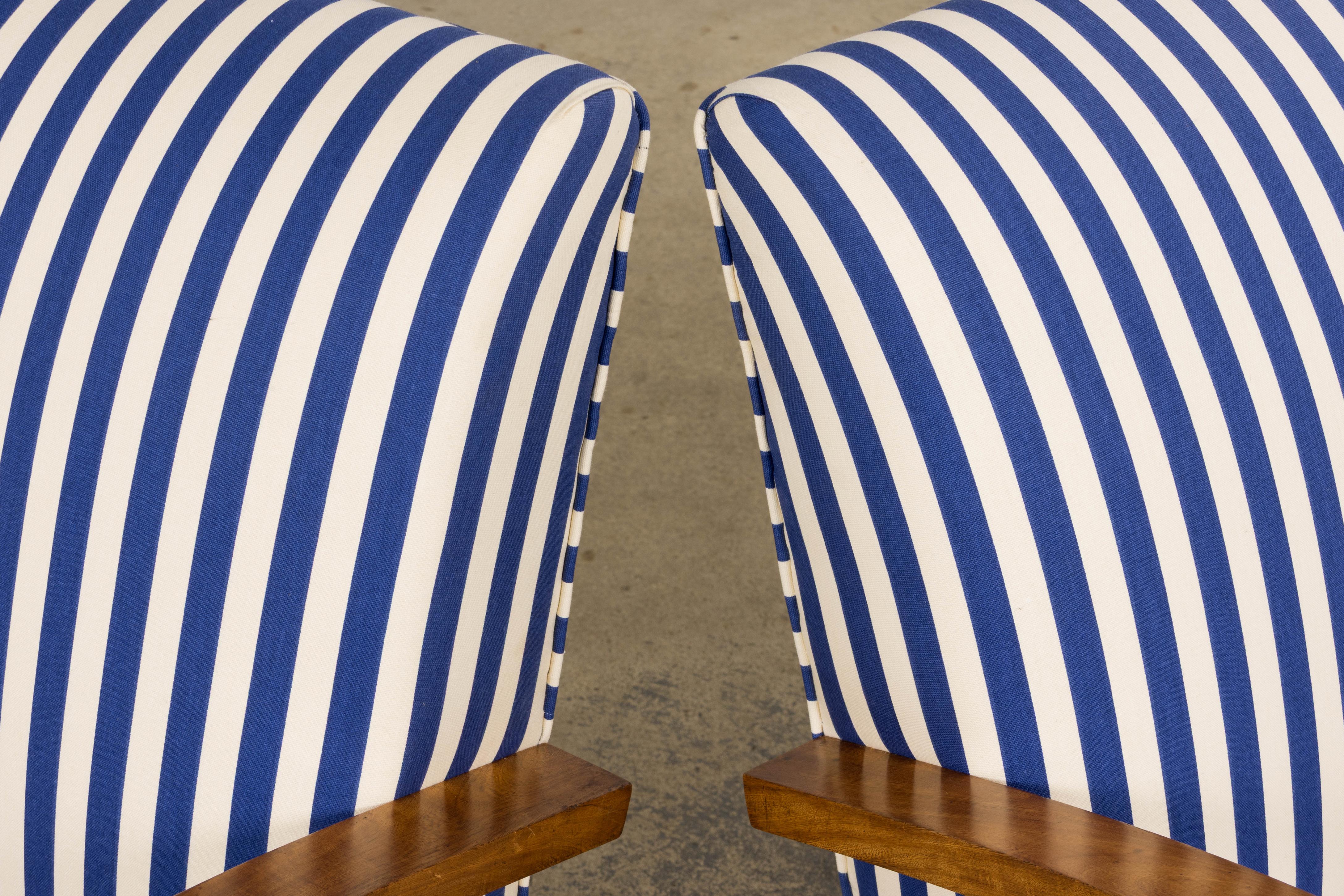 1930s French Art Deco Walnut Bridge Arm Lounge Chairs in Blue Stripe - A Pair For Sale 10