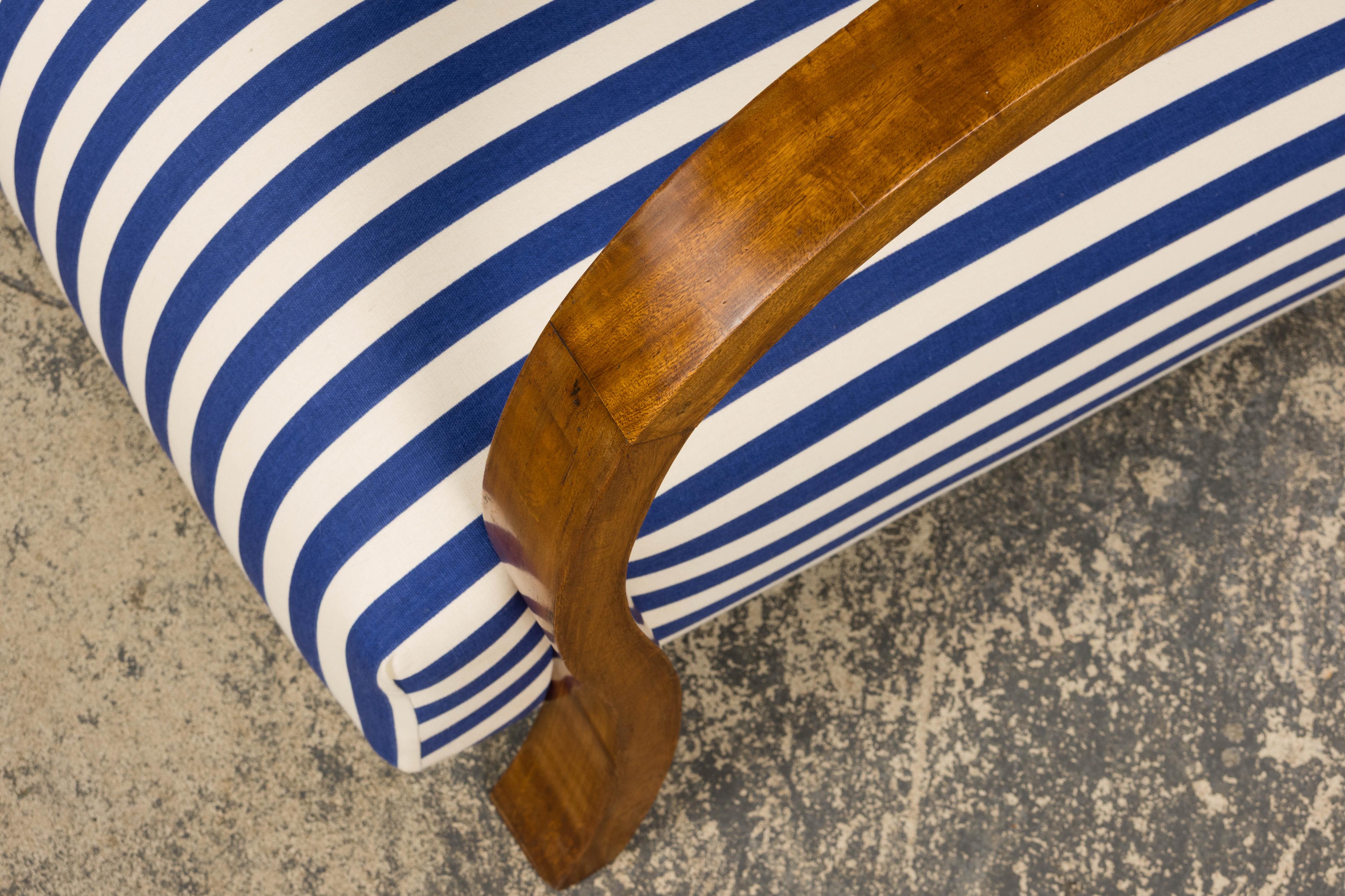 1930s French Art Deco Walnut Bridge Arm Lounge Chairs in Blue Stripe - A Pair For Sale 11