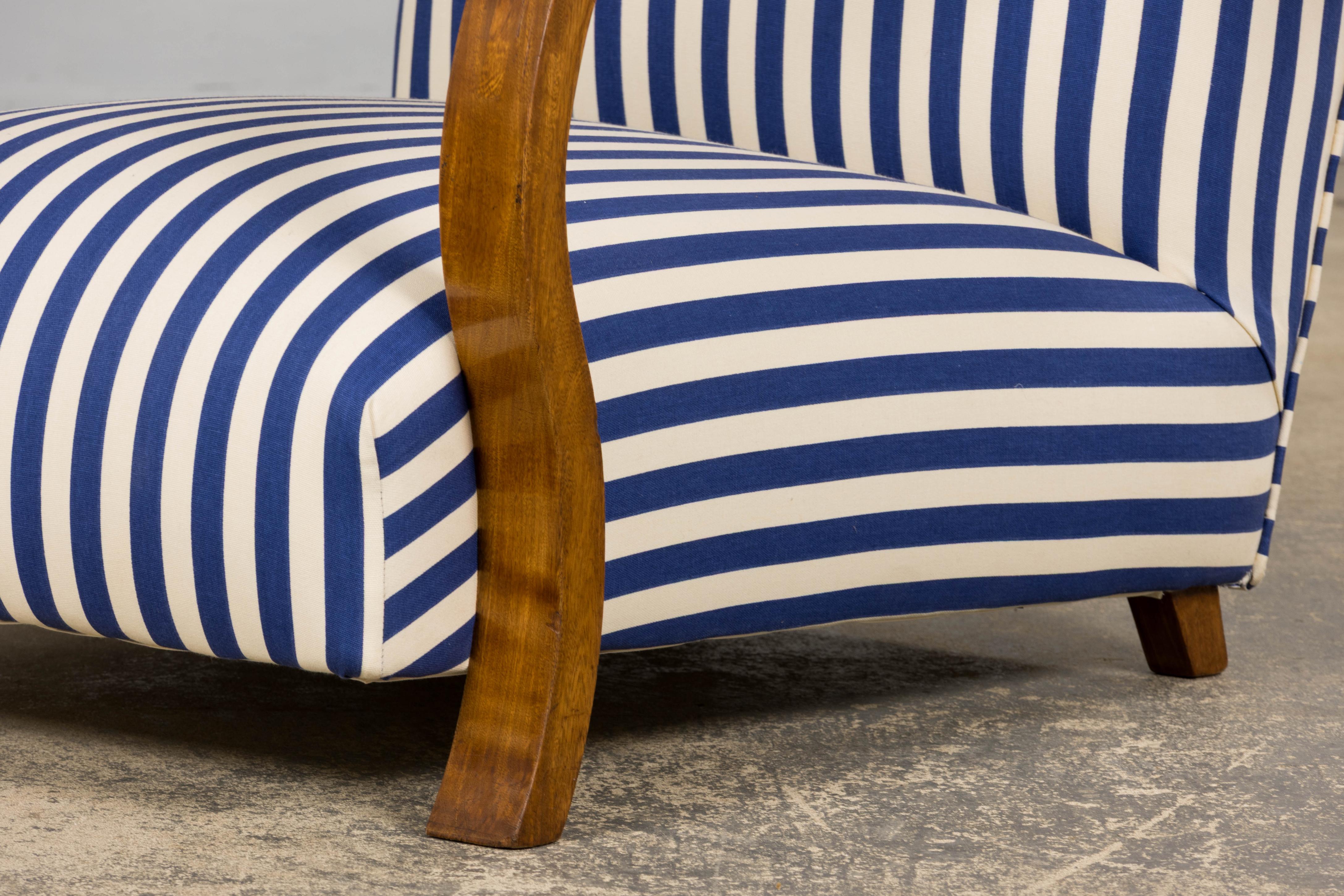 1930s French Art Deco Walnut Bridge Arm Lounge Chairs in Blue Stripe - A Pair For Sale 12