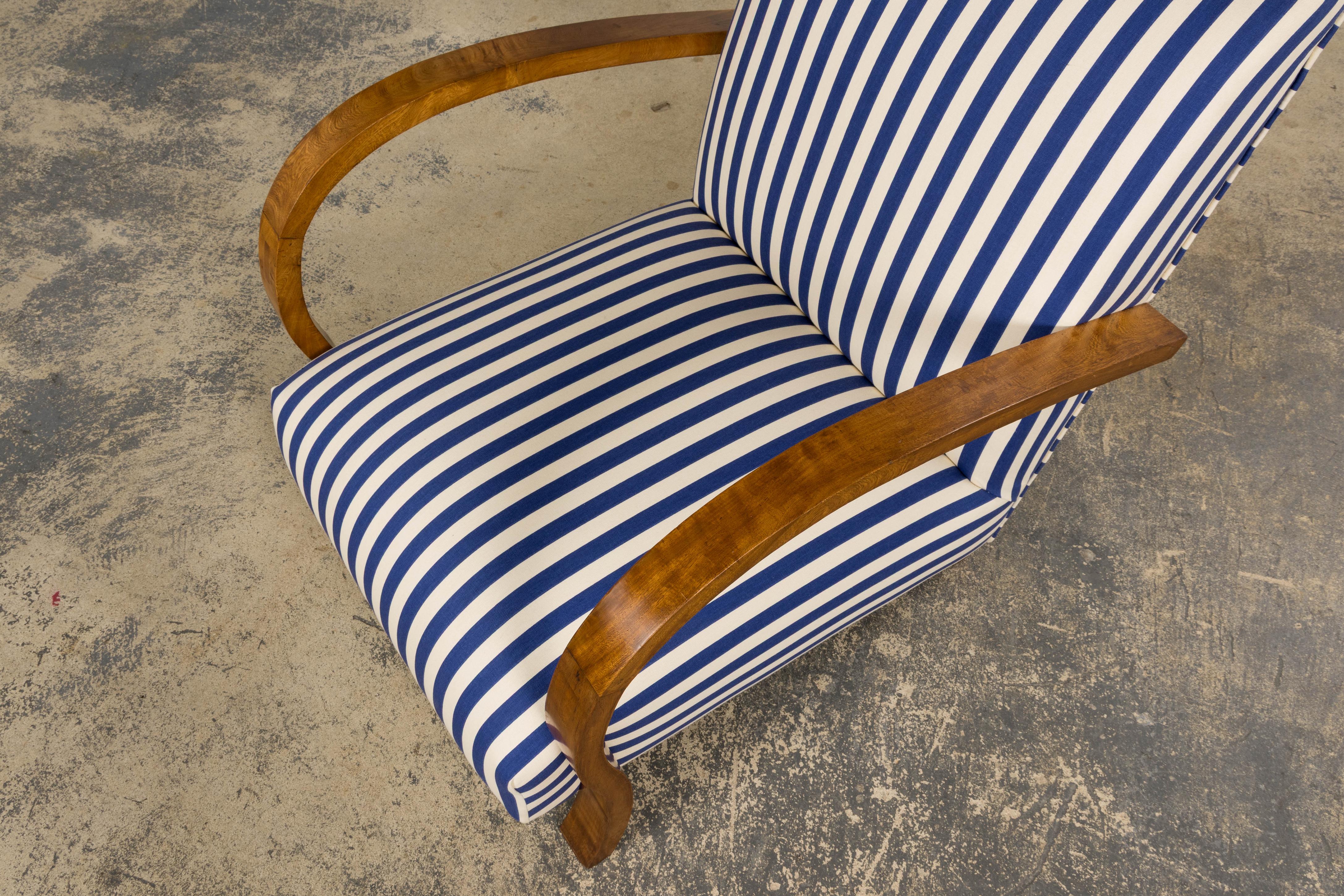 1930s French Art Deco Walnut Bridge Arm Lounge Chairs in Blue Stripe - A Pair For Sale 13