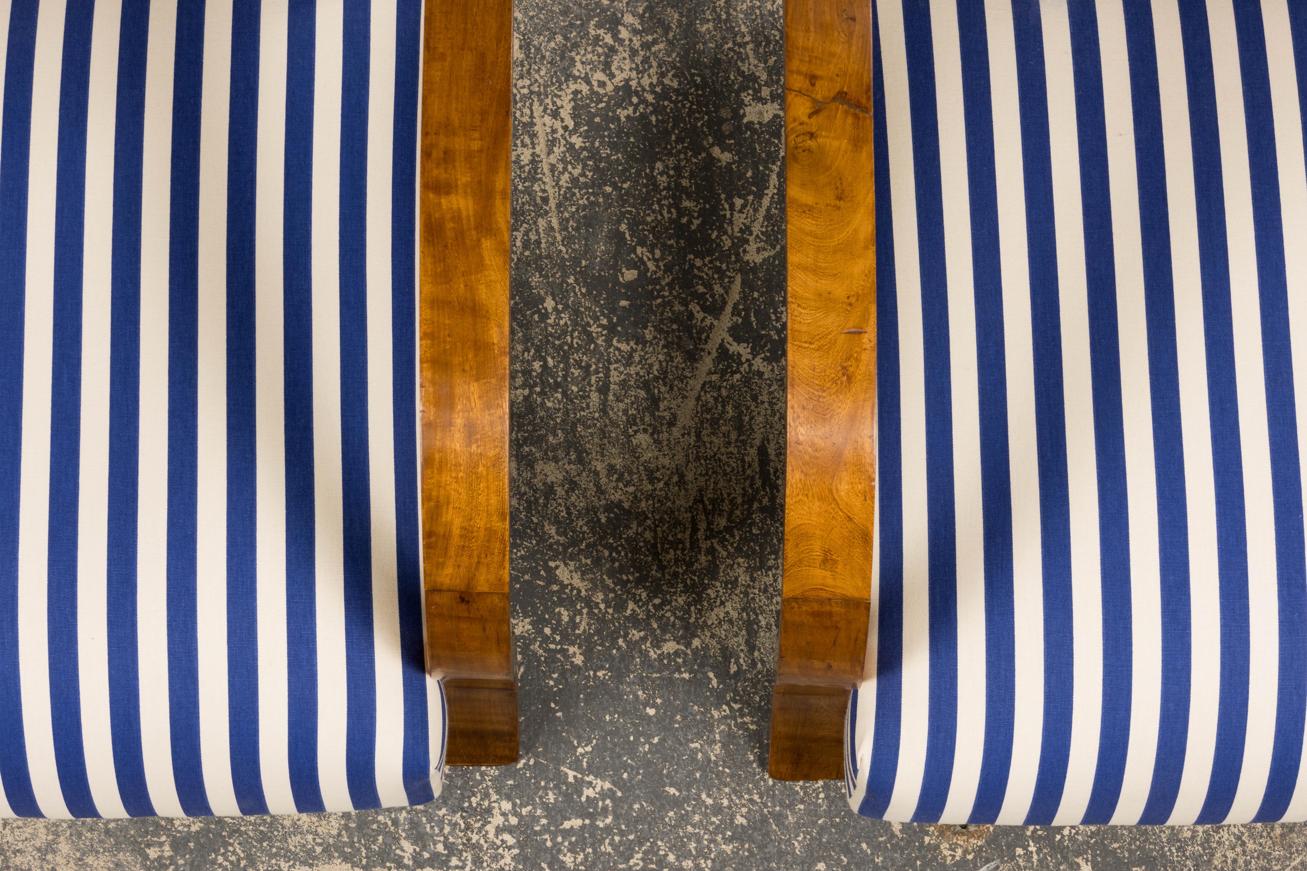 1930s French Art Deco Walnut Bridge Arm Lounge Chairs in Blue Stripe - A Pair In Good Condition For Sale In Astoria, NY