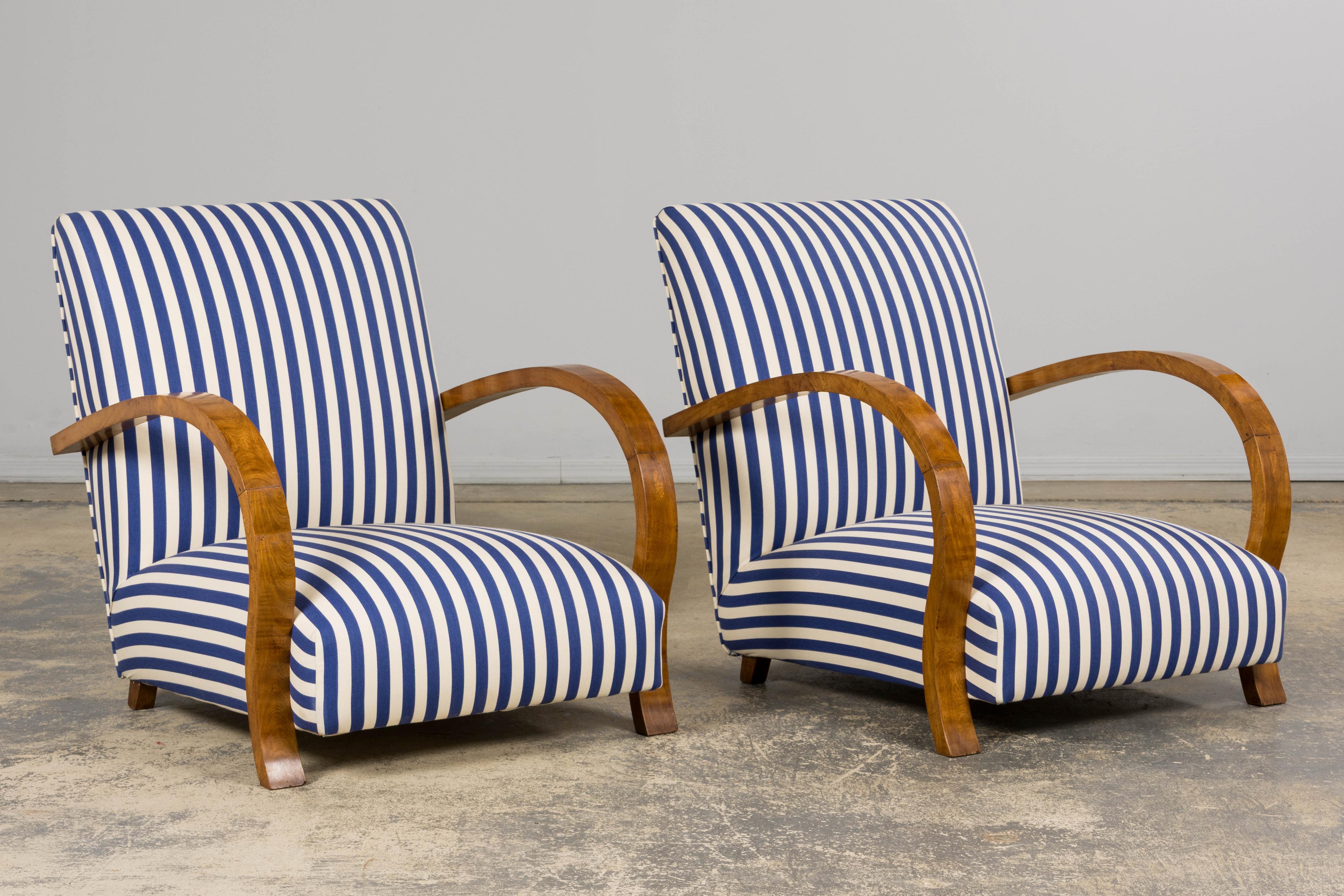 20th Century 1930s French Art Deco Walnut Bridge Arm Lounge Chairs in Blue Stripe - A Pair For Sale