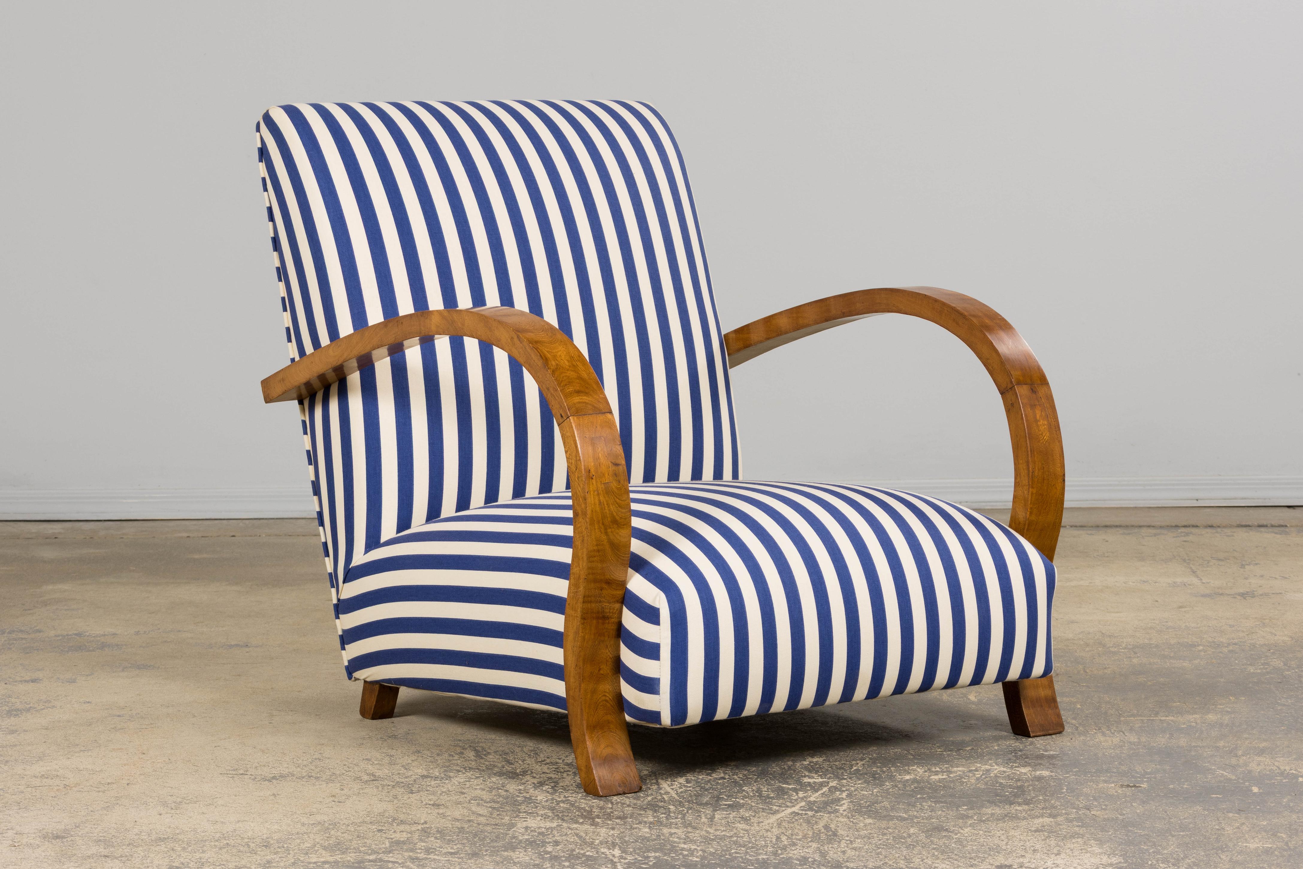 Fabric 1930s French Art Deco Walnut Bridge Arm Lounge Chairs in Blue Stripe - A Pair For Sale