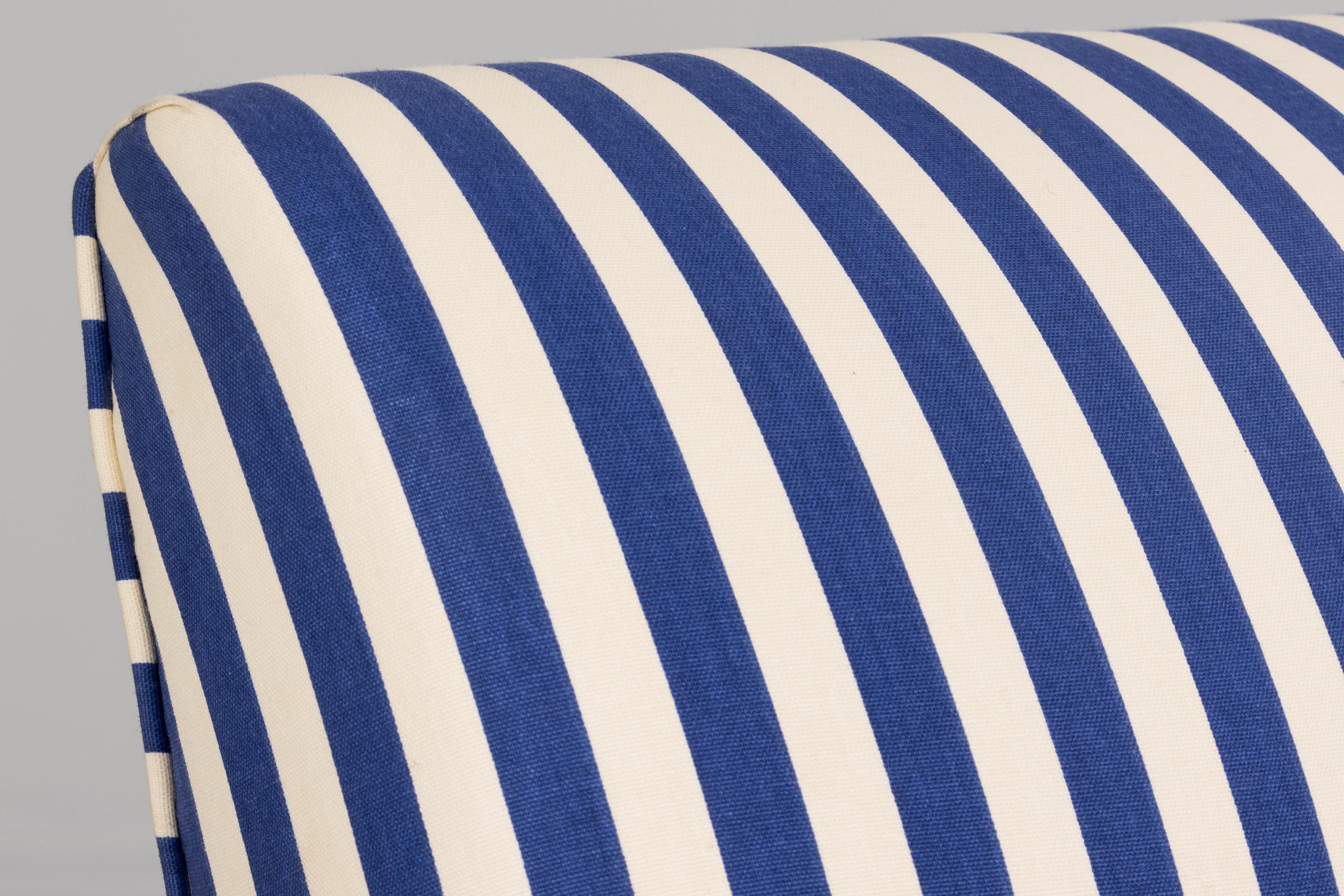 1930s French Art Deco Walnut Bridge Arm Lounge Chairs in Blue Stripe - A Pair For Sale 1