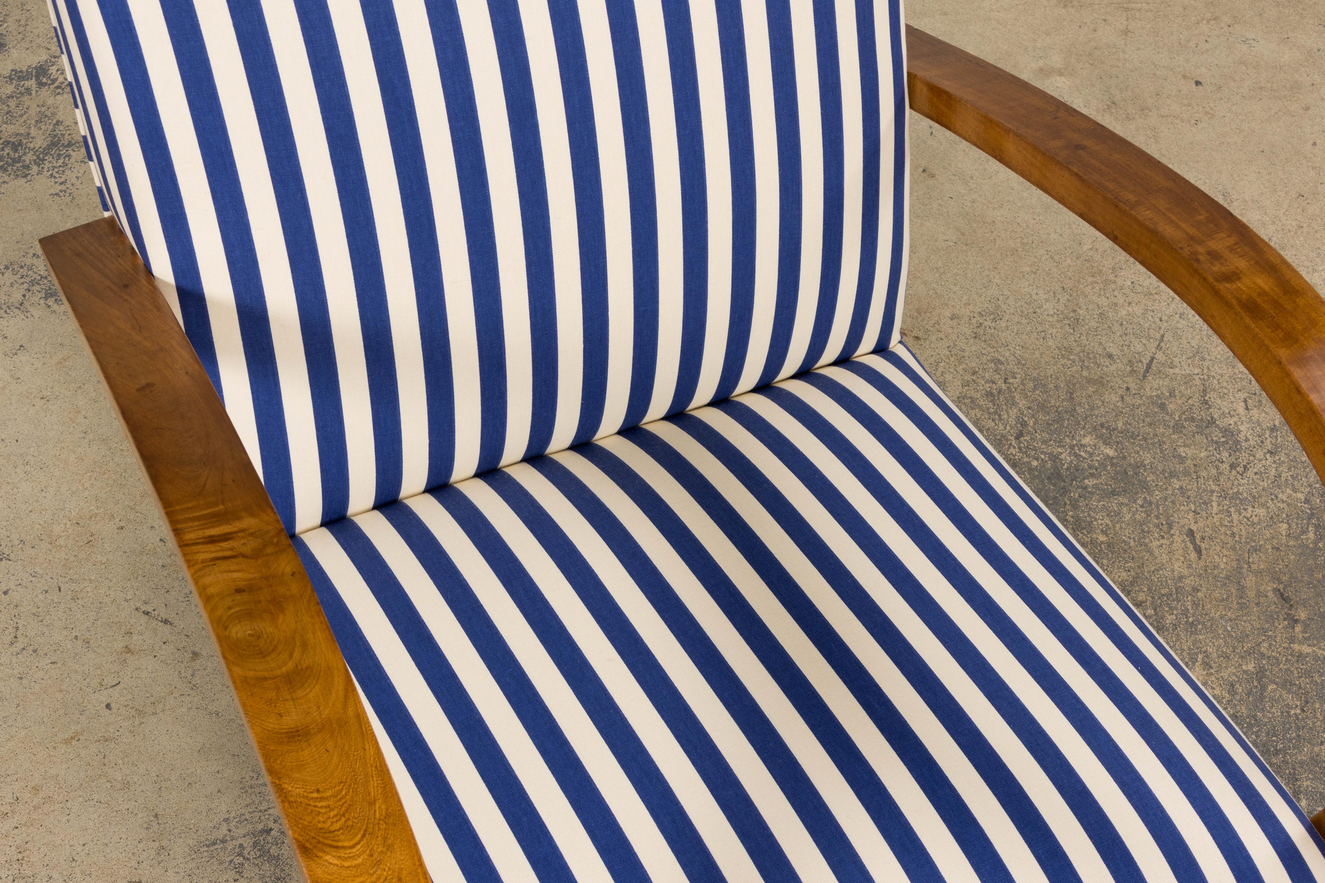 1930s French Art Deco Walnut Bridge Arm Lounge Chairs in Blue Stripe - A Pair For Sale 2