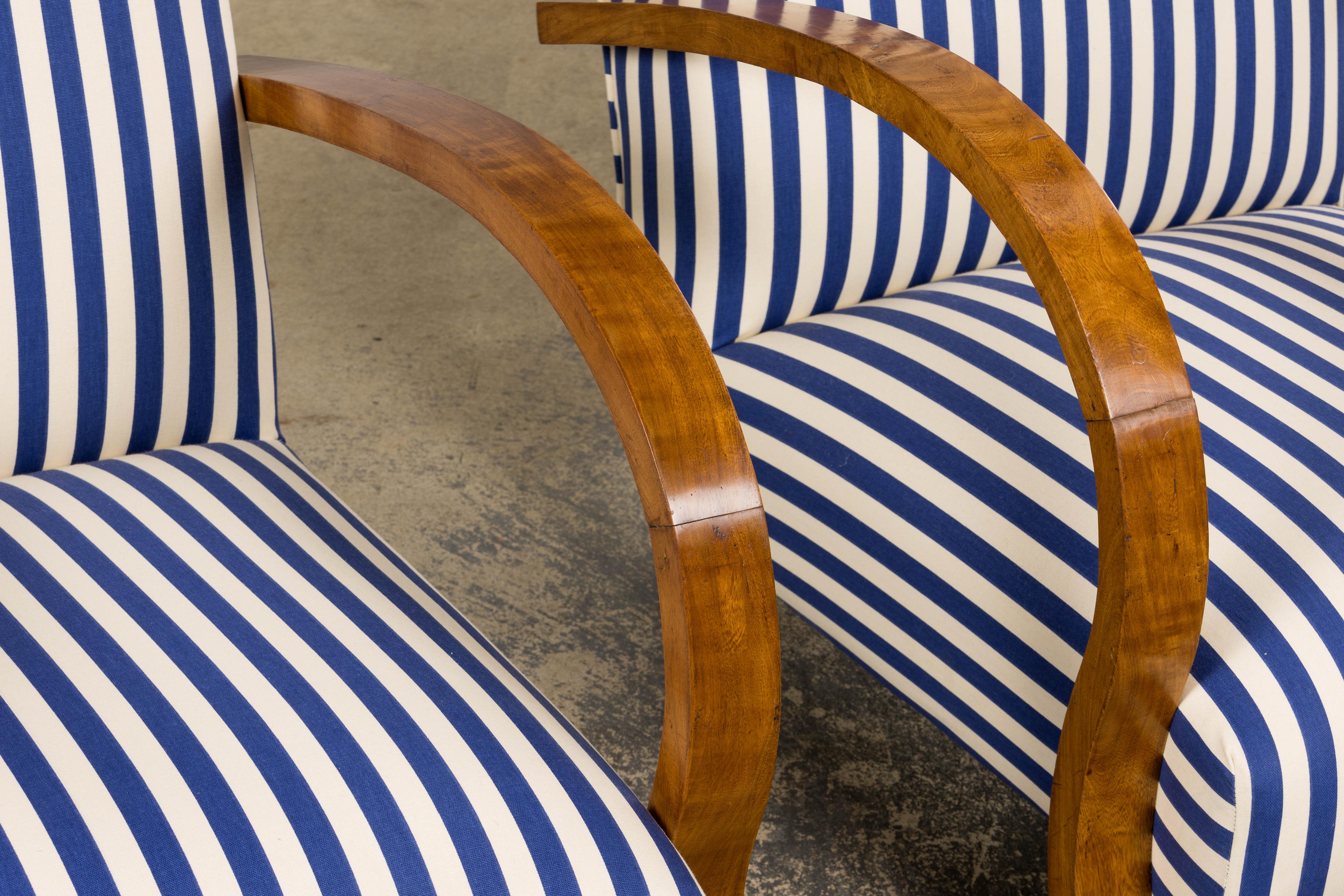 1930s French Art Deco Walnut Bridge Arm Lounge Chairs in Blue Stripe - A Pair For Sale 3