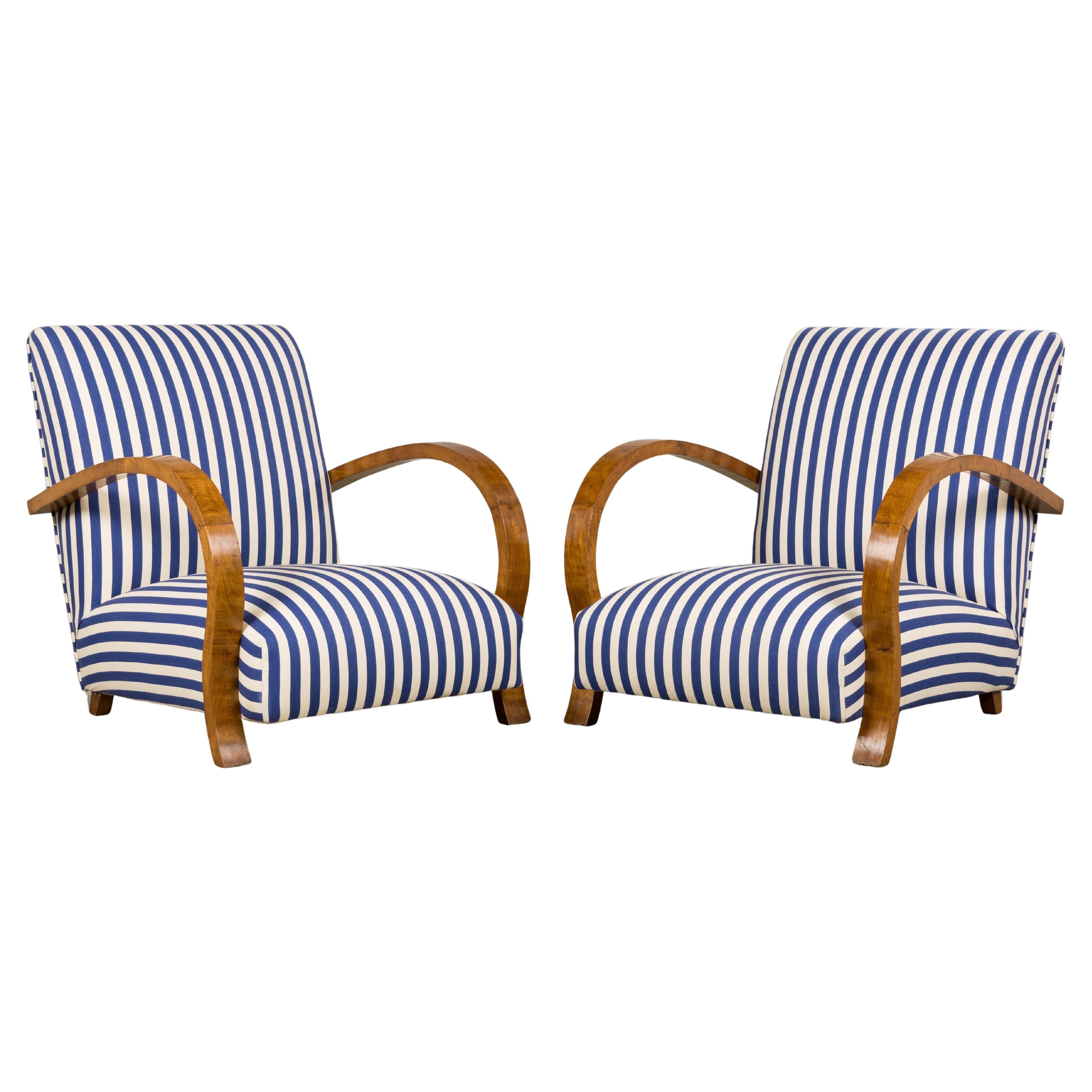 1930s French Art Deco Walnut Bridge Arm Lounge Chairs in Blue Stripe - A Pair For Sale