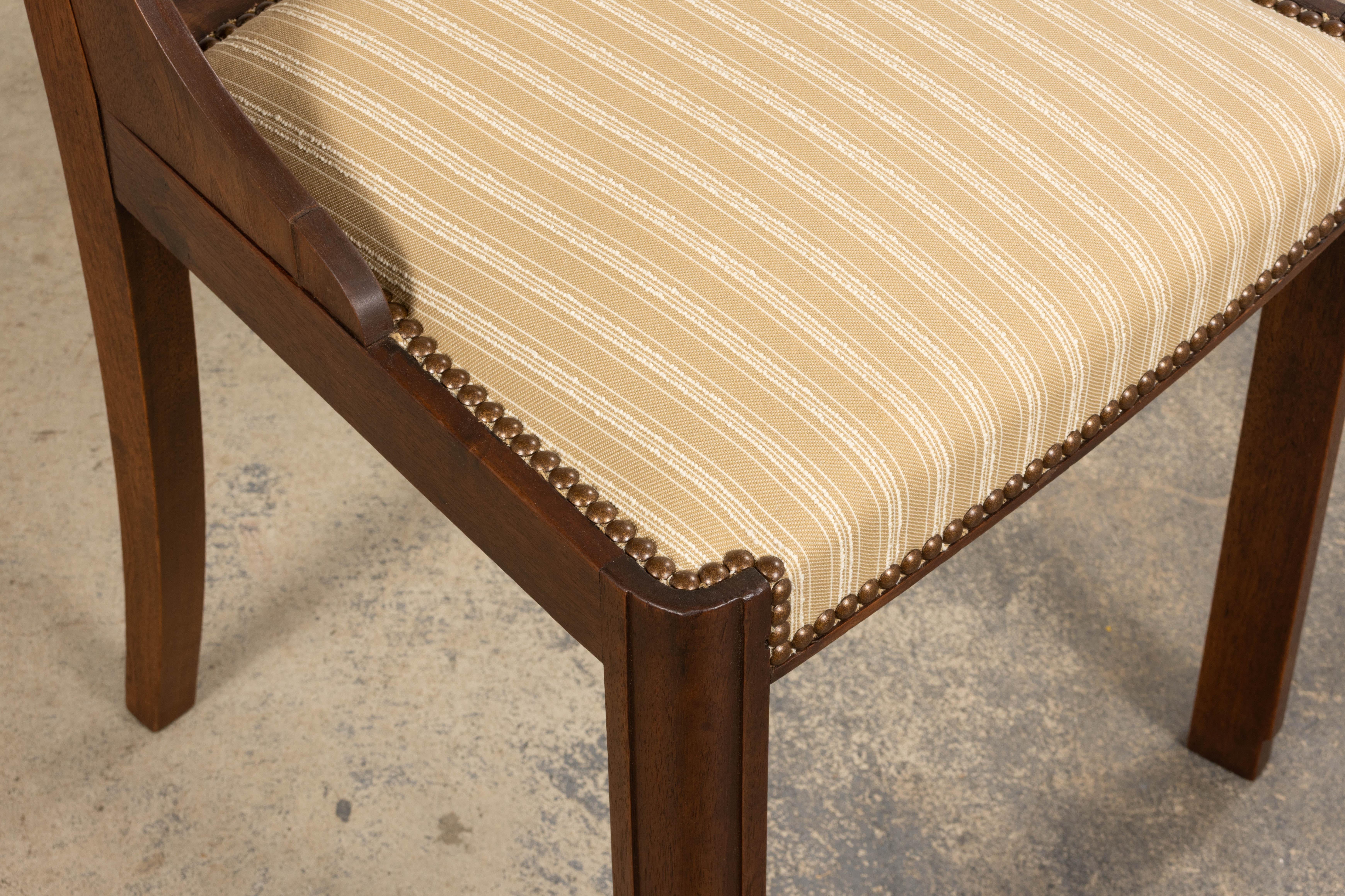 Tessuto Sedie da pranzo in noce Art Deco francese degli anni '30 a righe beige - Set di 6 in vendita