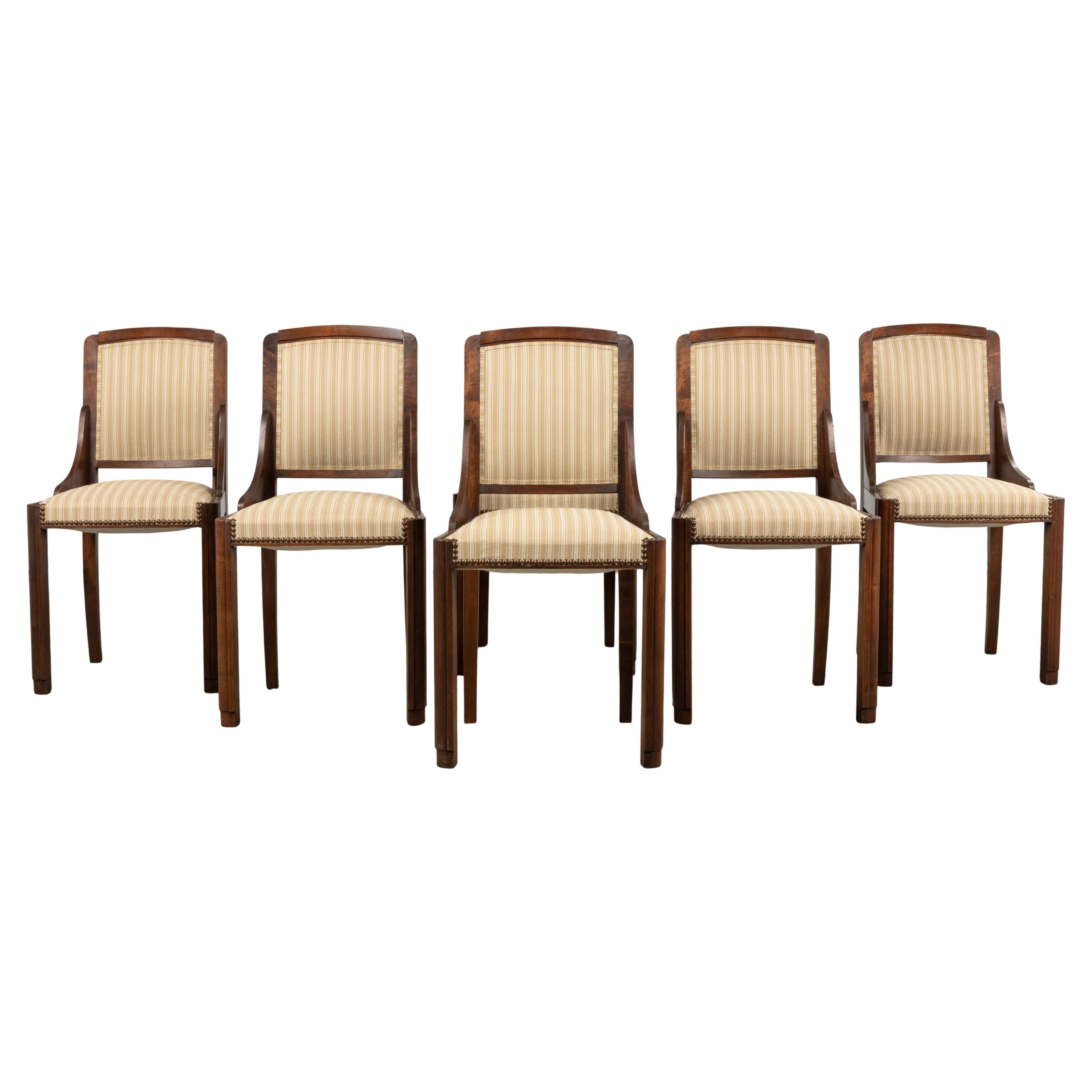 1930s French Art Deco Walnut Dining Chairs In Beige Stripe - Set of 6