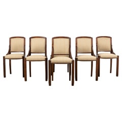1930s French Art Deco Walnut Dining Chairs In Beige Stripe - Set of 6