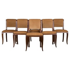 1930s French Art Deco Walnut Dining Chairs W/ Beige Velvet - Set of 6