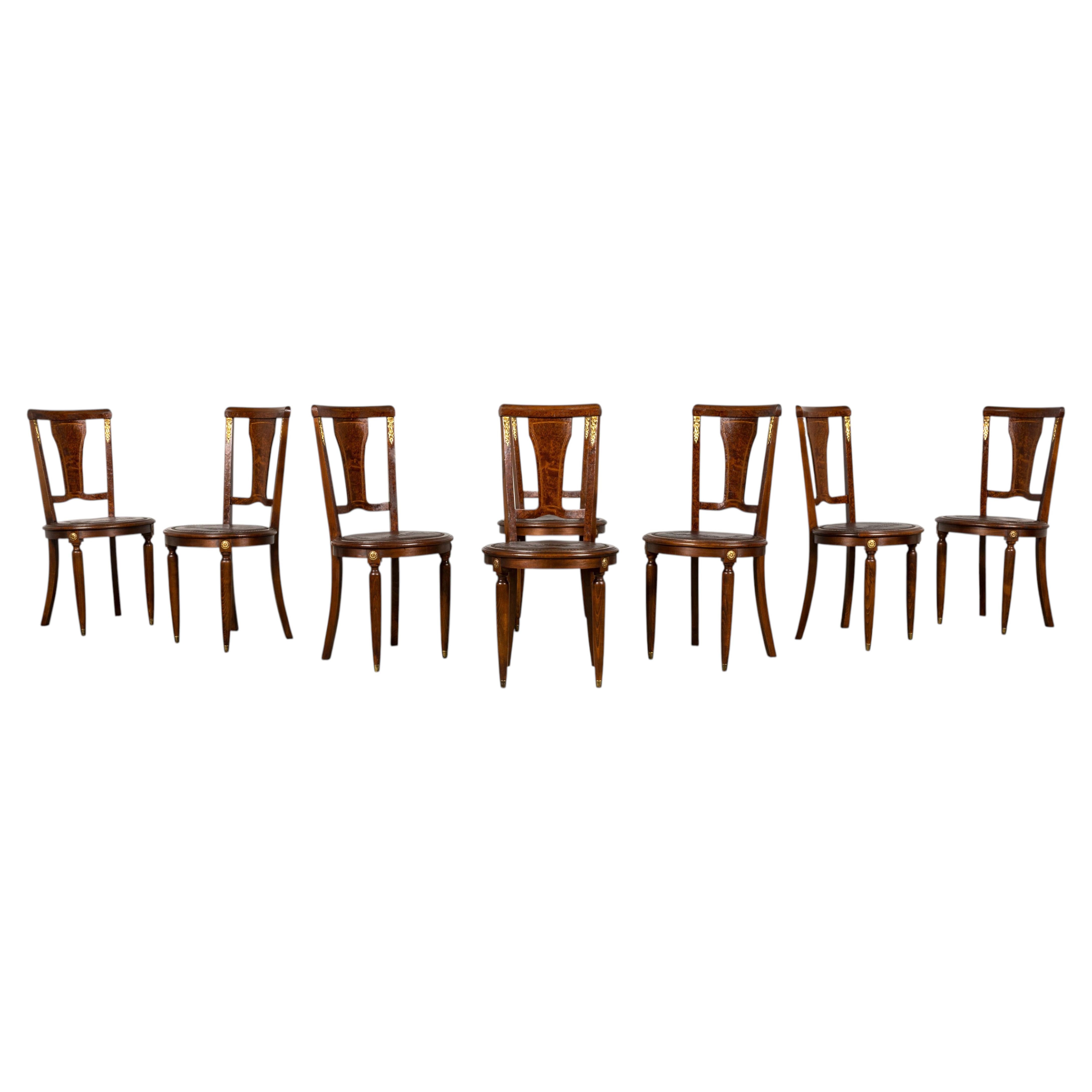 1930s French Art Deco Walnut Dining Chairs With Leather Seats, Set of 8