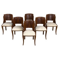 1930s French Art Deco Walnut Gondola Dining Chairs W/ Cream Chenille - Set of 6