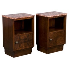 1930s French Art Deco Walnut Nightstands W/ Pink Marble Tops - A Pair
