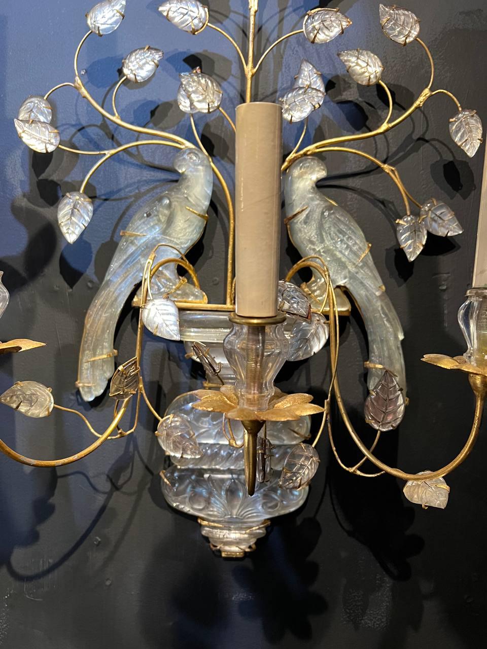 1930's French Bagues Crystal Bird Large Sconces with 3 Lights In Good Condition For Sale In New York, NY