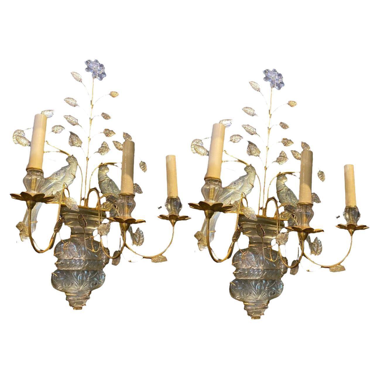 1930's French Bagues Crystal Bird Large Sconces with 3 Lights For Sale