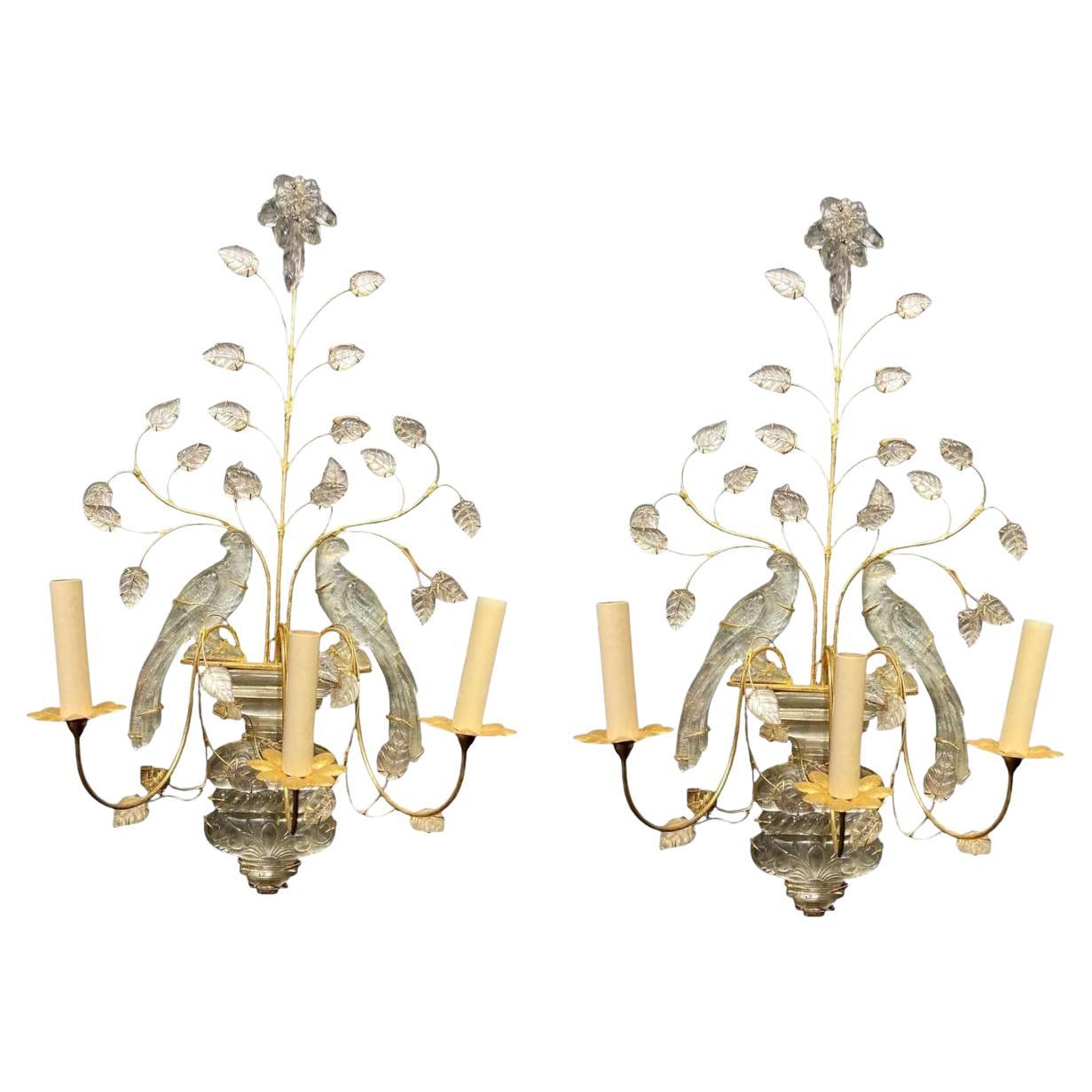 1930's French Bagues Crystal Bird Large Sconces with 3 Lights