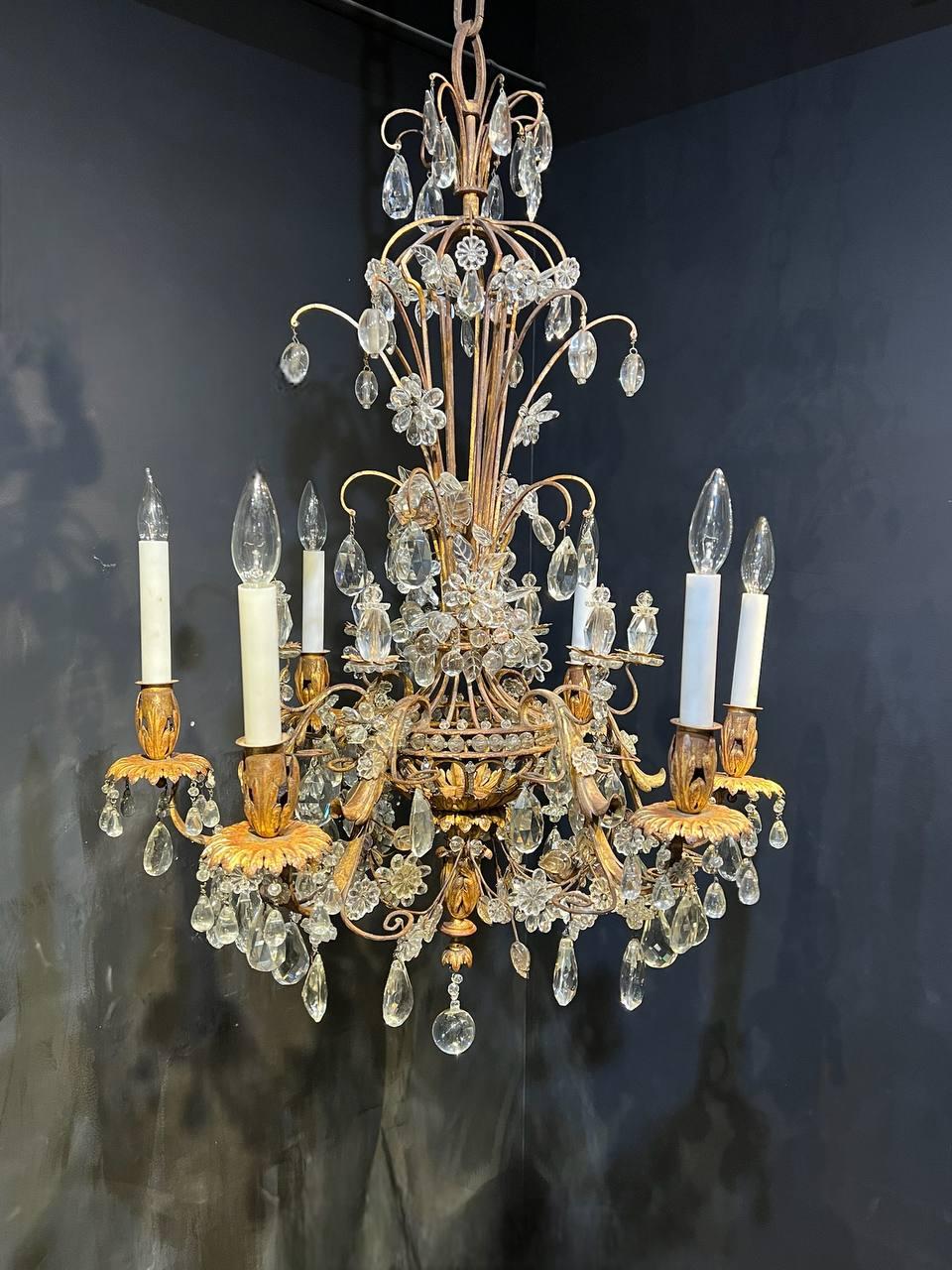 Mid-20th Century 1930's French Bagues Crystal Chandelier with 6 Lights For Sale
