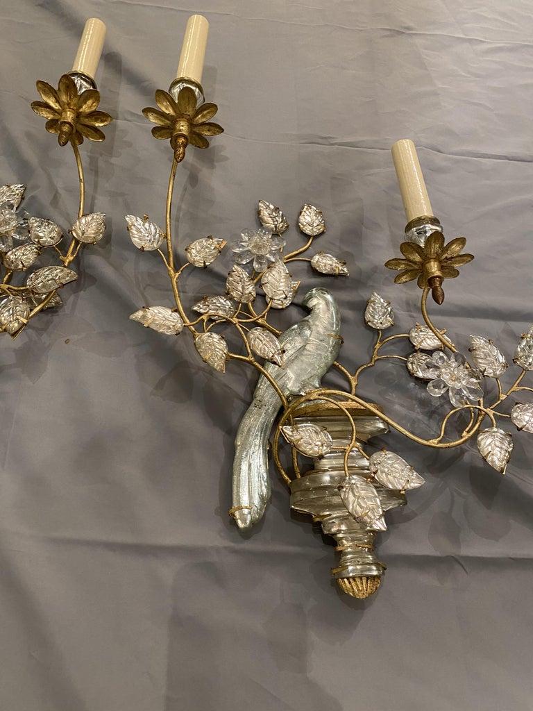French Provincial 1930's French Bagues Gilt Metal 2 Lights Sconces with Crystal Birds For Sale