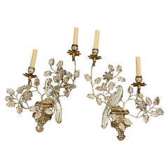 Apliques de 2 Luces de Metal Dorado Bagues Franceses de 1930 con Pájaros de Cristal